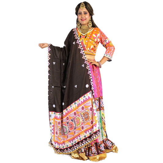 Maharani's Designer Silk Lehenga - Orange and Pink