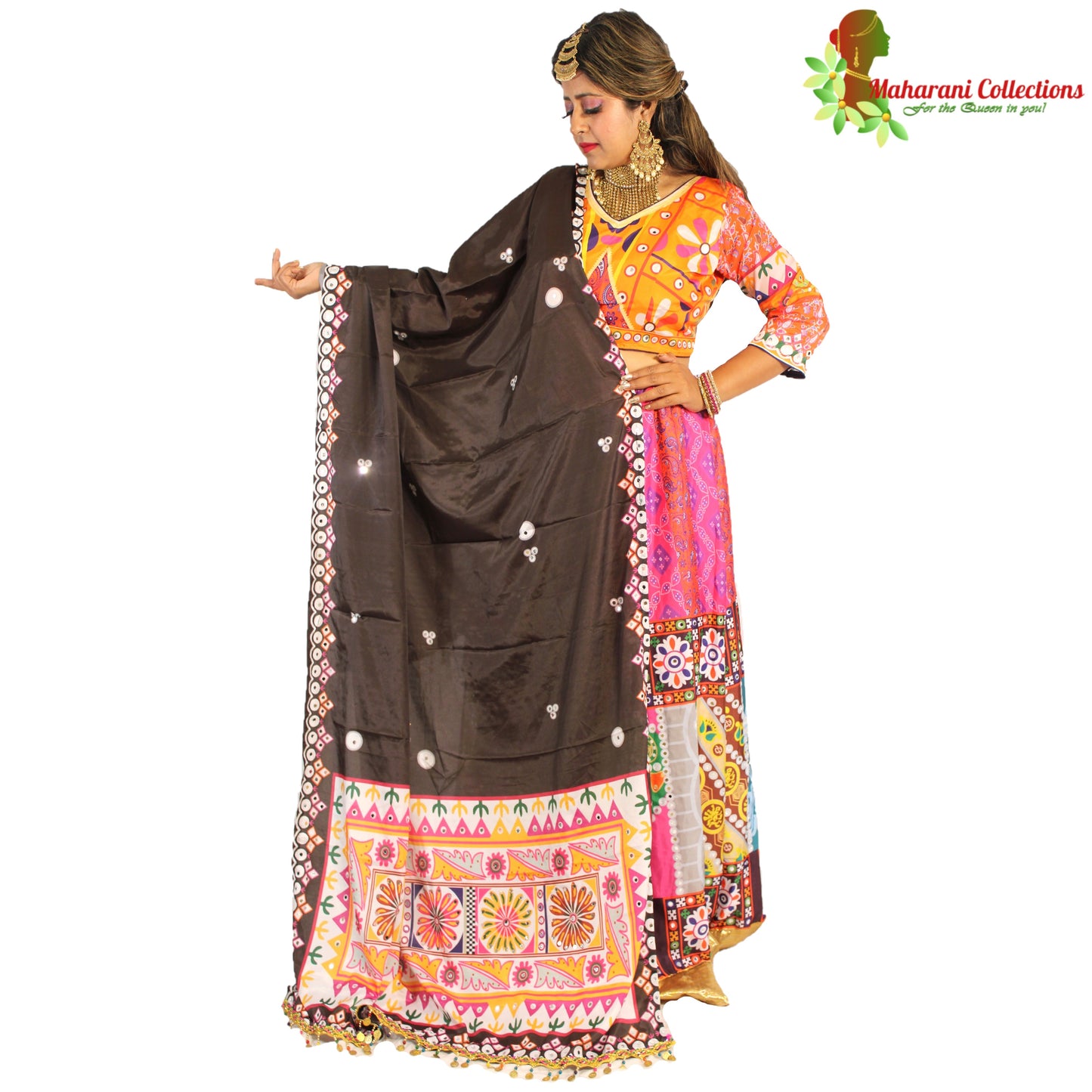 Maharani's Designer Silk Lehenga - Orange and Pink