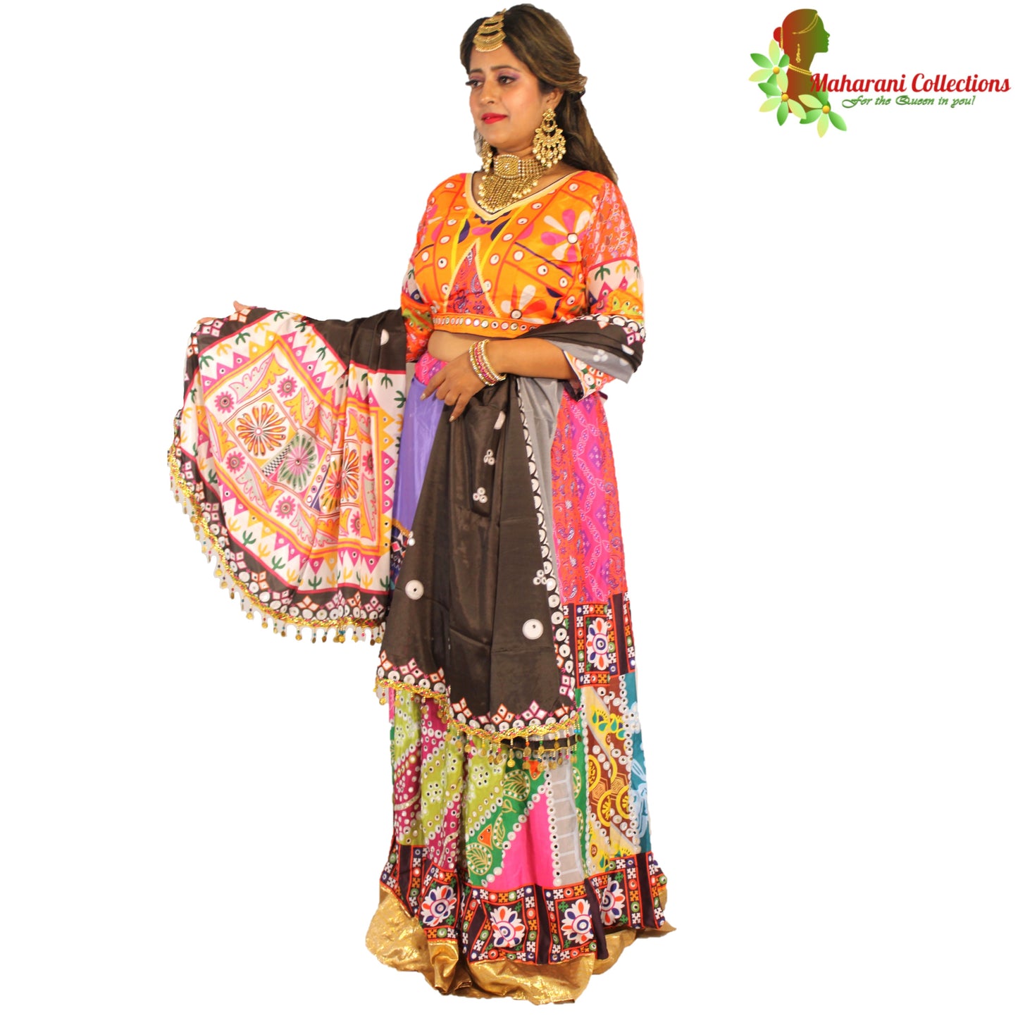 Maharani's Designer Silk Lehenga - Orange and Pink