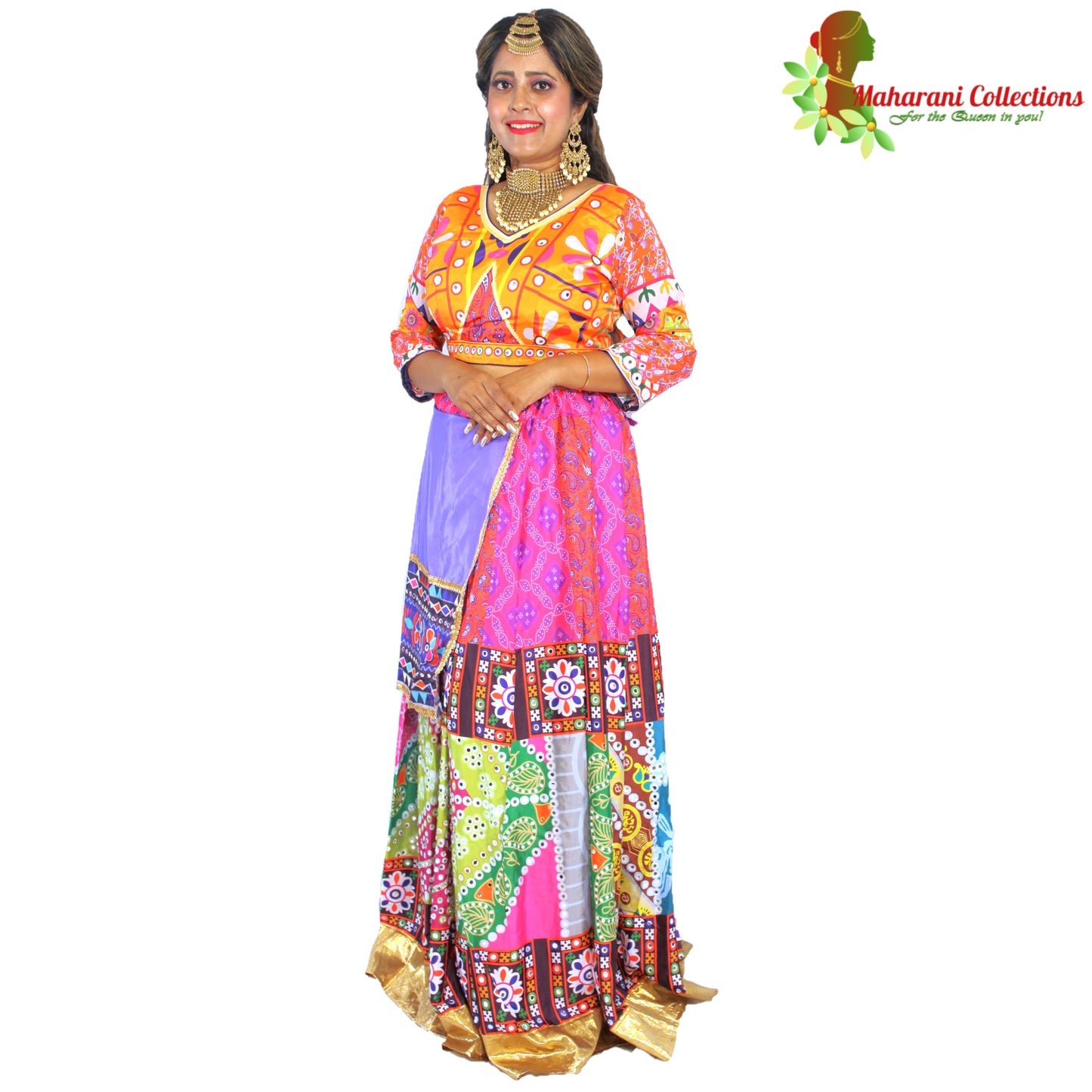 Maharani's Designer Silk Lehenga - Orange and Pink