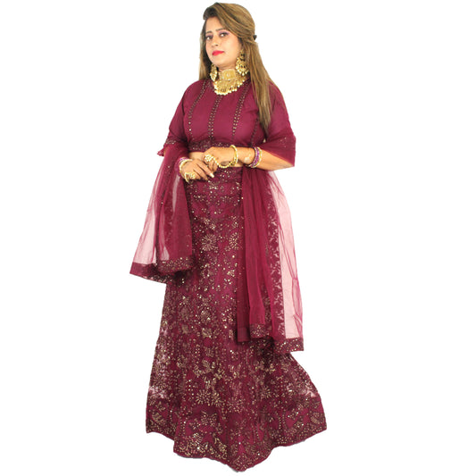 Maharani's Designer Silk & Net Lehenga - Deep Purple