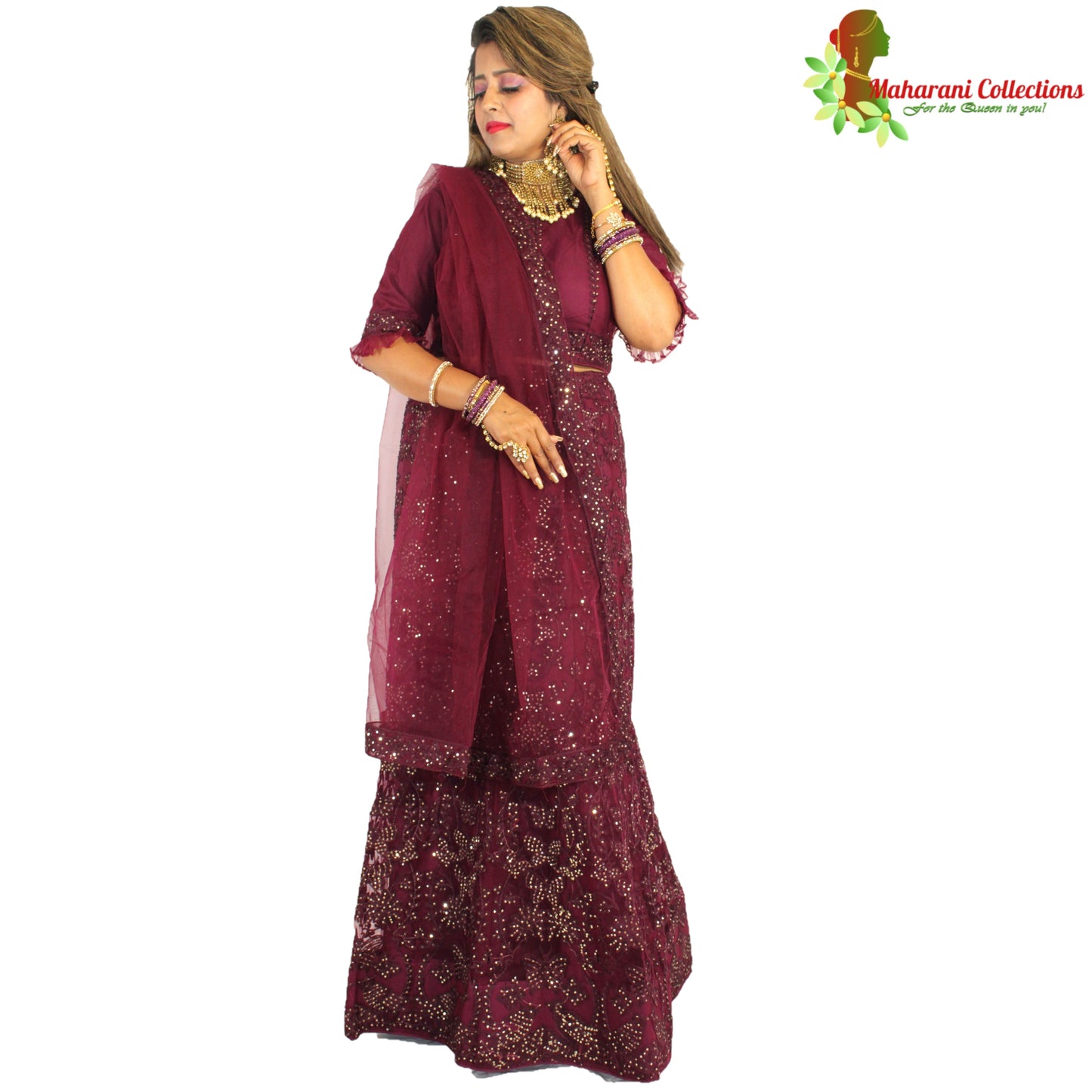Maharani's Designer Silk & Net Lehenga - Deep Purple