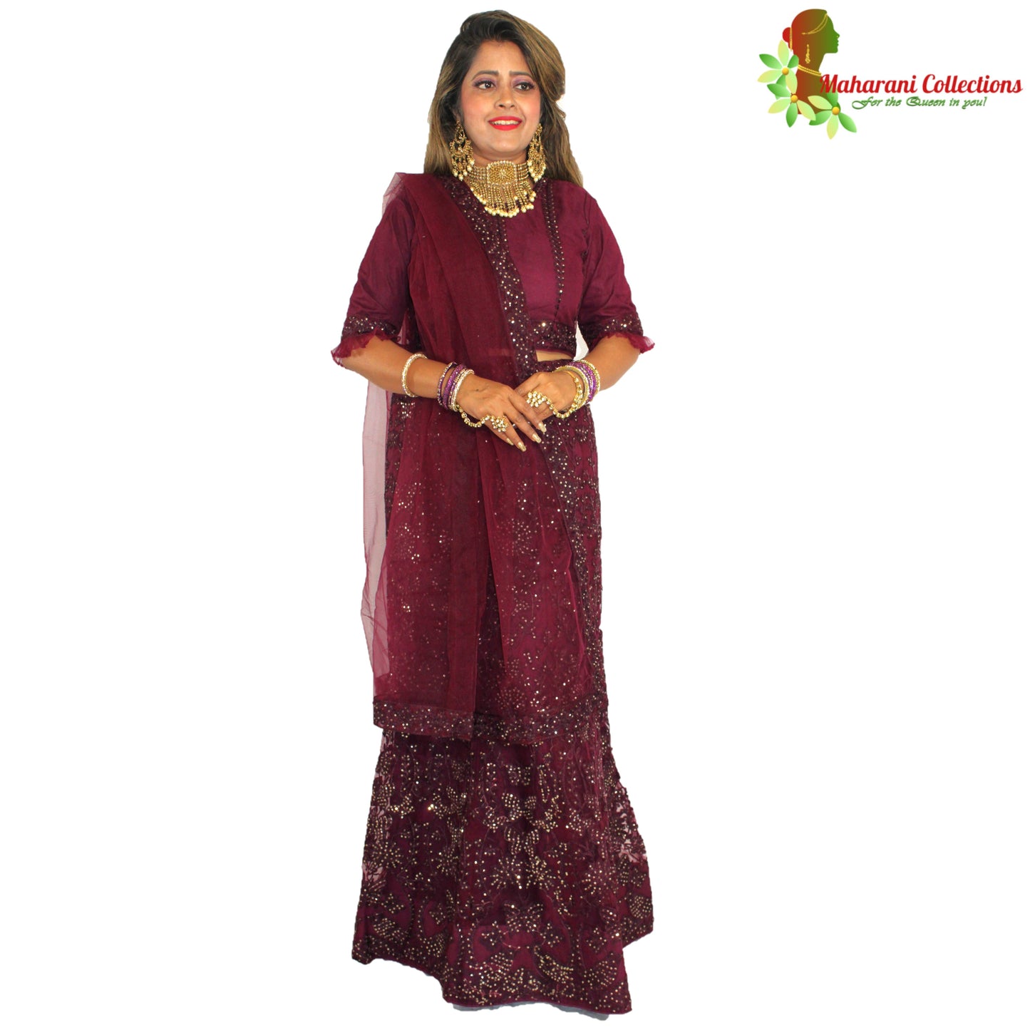 Maharani's Designer Silk & Net Lehenga - Deep Purple