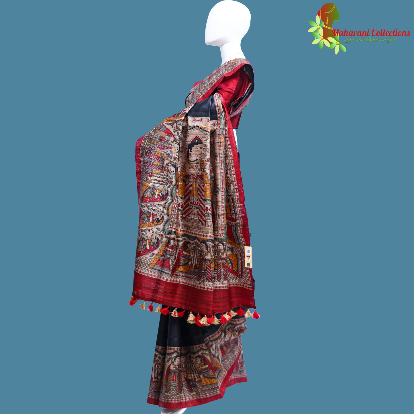 Pure Bhagalpur Tussar Silk Saree (Silk Mark) - Black Madhubani Work