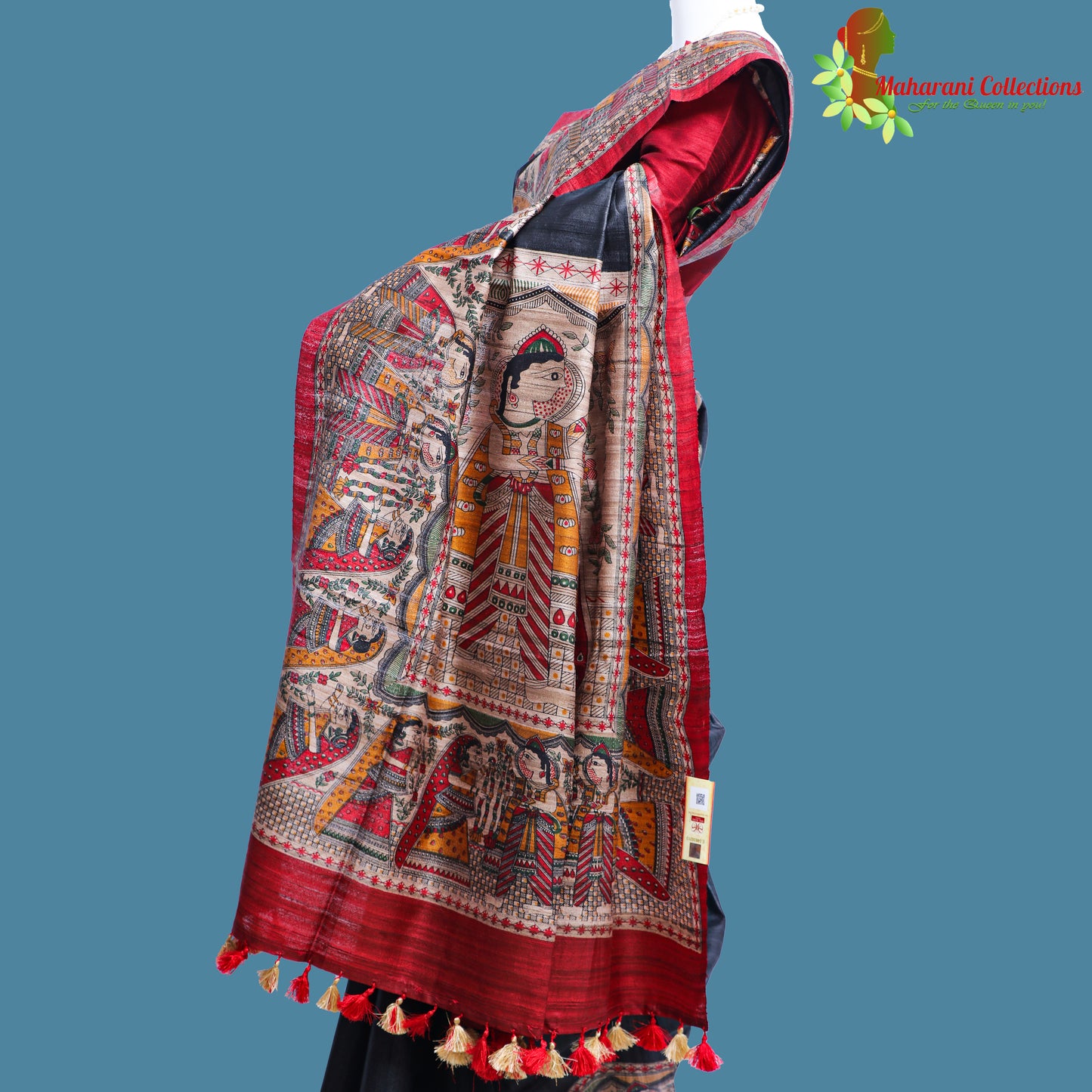 Pure Bhagalpur Tussar Silk Saree (Silk Mark) - Black Madhubani Work
