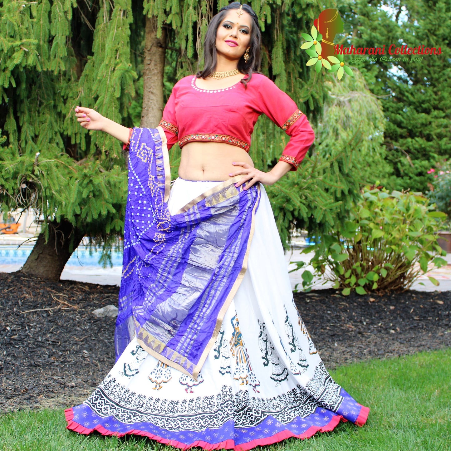 Maharani's Festive Chania Choli with Dupatta - Red/White (L)