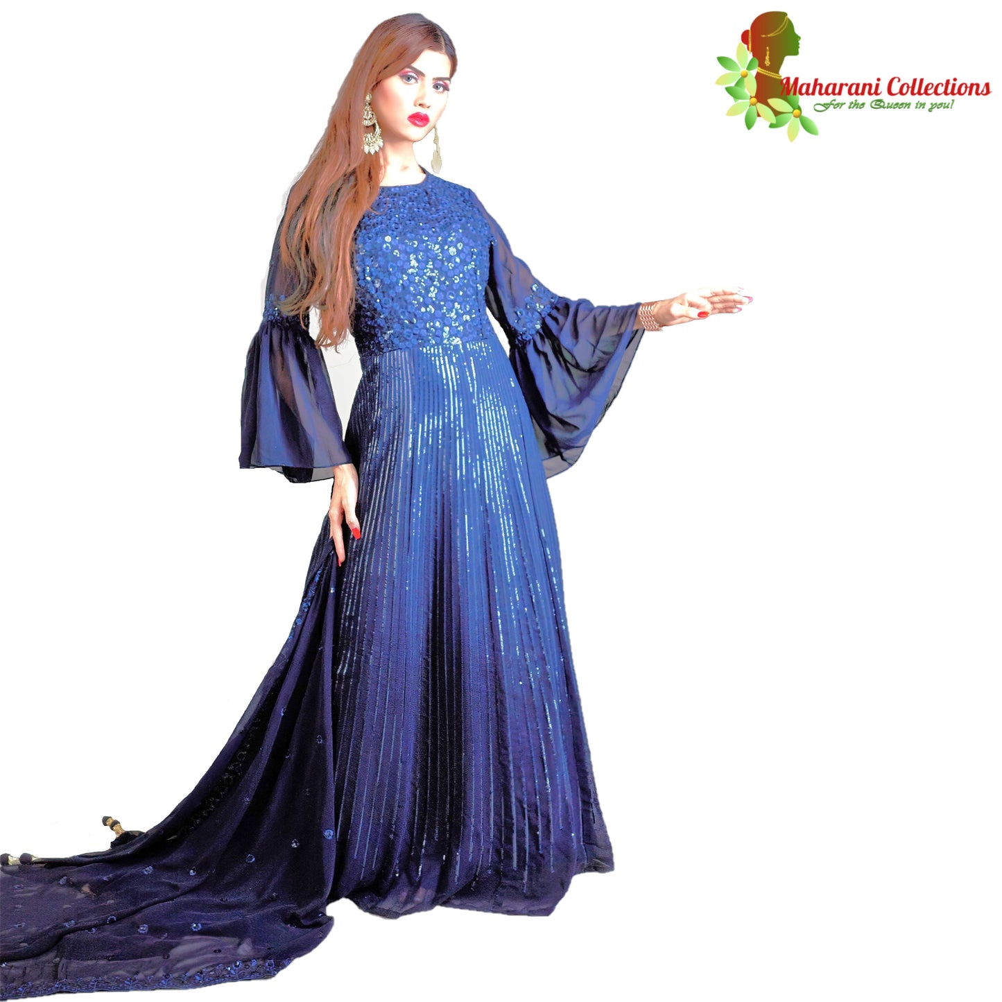 Maharani's Designer Gala Gown - Royal Blue with Thread, Sequins and Net Work