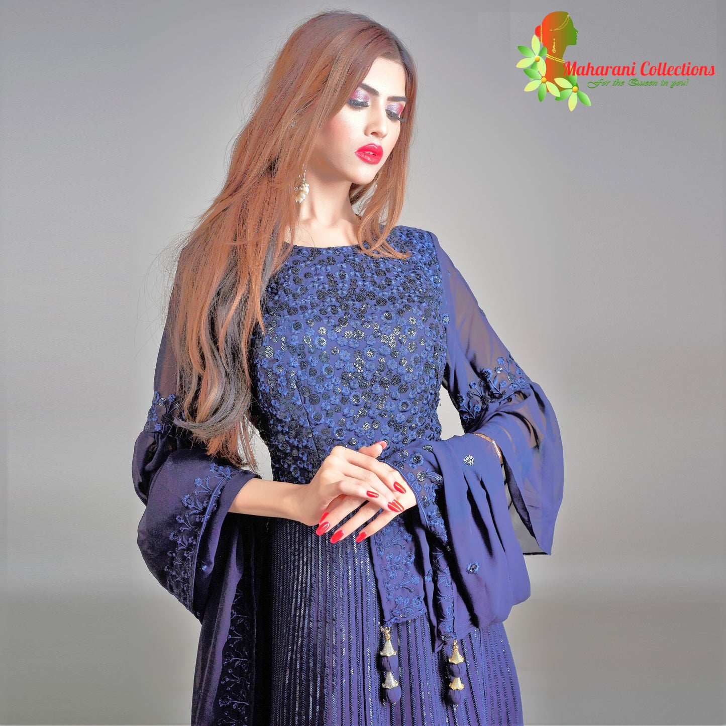 Maharani's Designer Gala Gown - Royal Blue with Thread, Sequins and Net Work