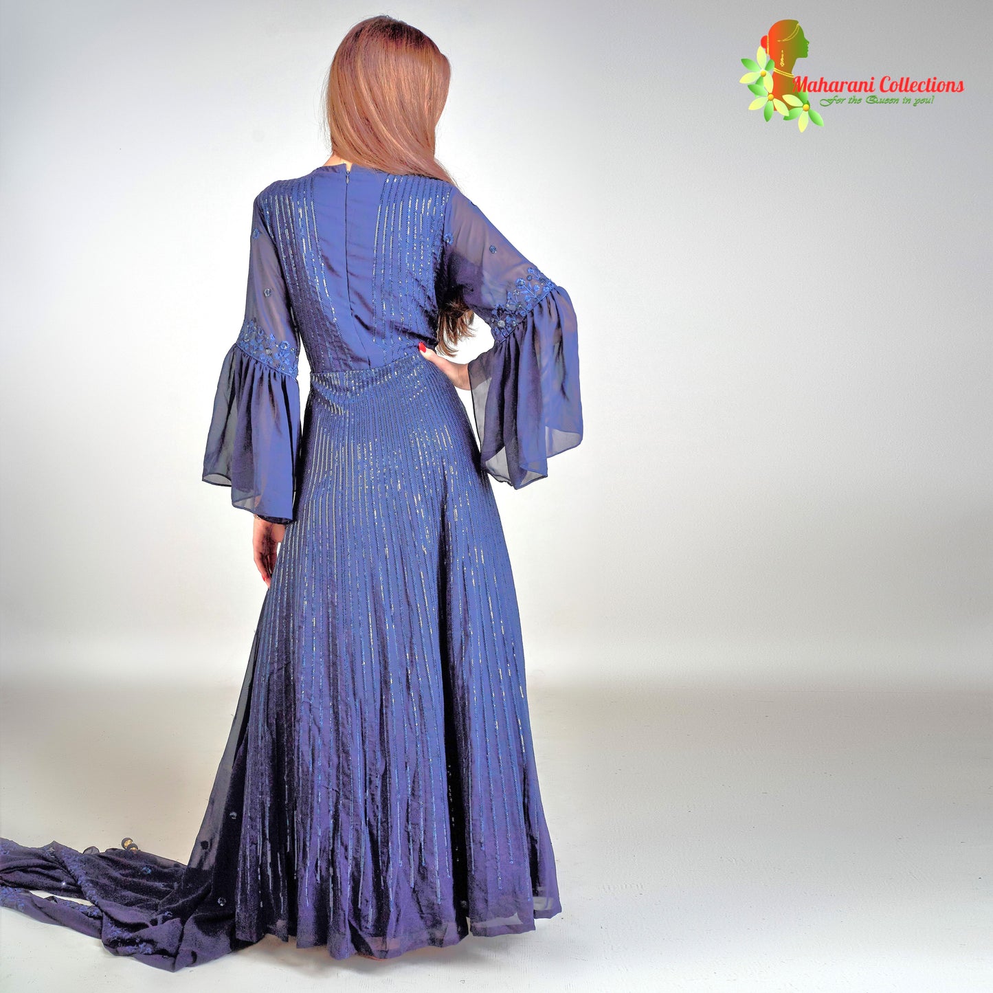 Maharani's Designer Gala Gown - Royal Blue with Thread, Sequins and Net Work