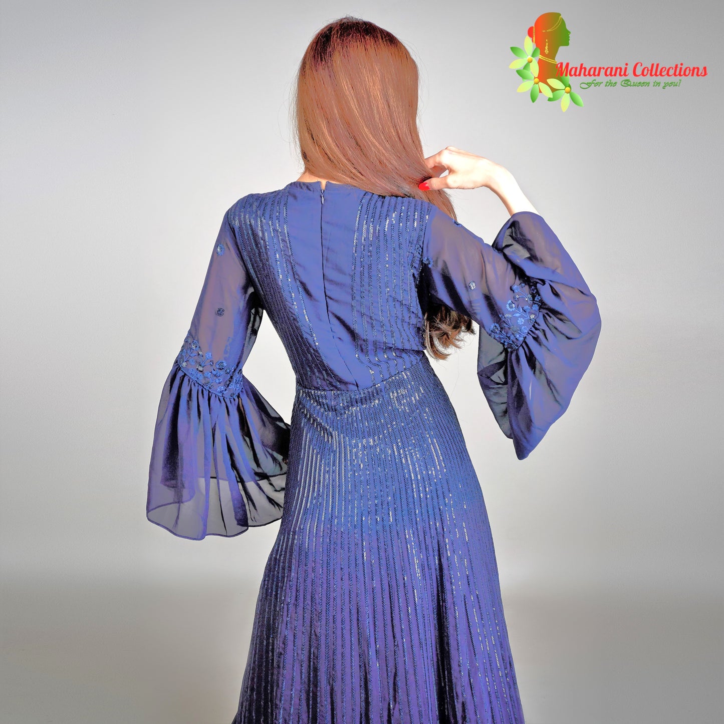 Maharani's Designer Gala Gown - Royal Blue with Thread, Sequins and Net Work