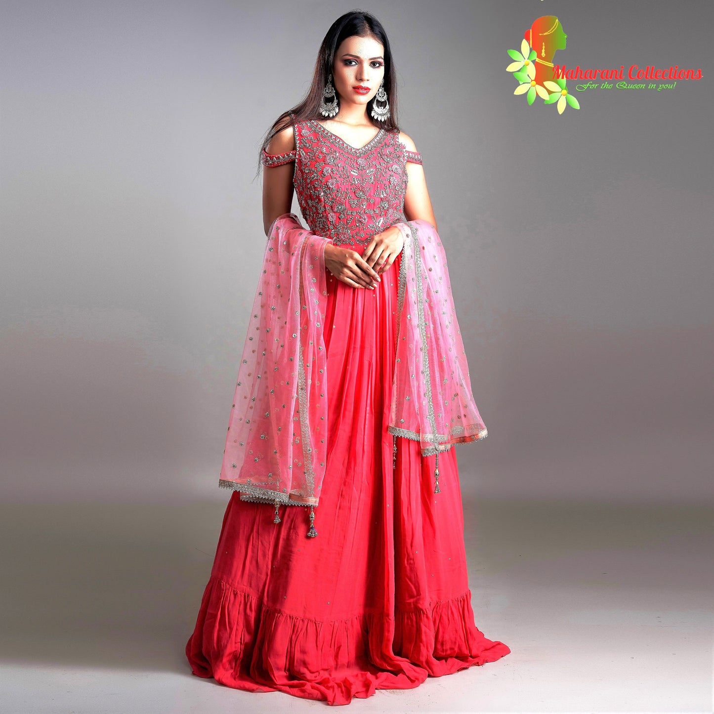 Maharani's Designer Ball (Princess) Gown - Pink/Peach with Zari, Pearl & Sequins Work