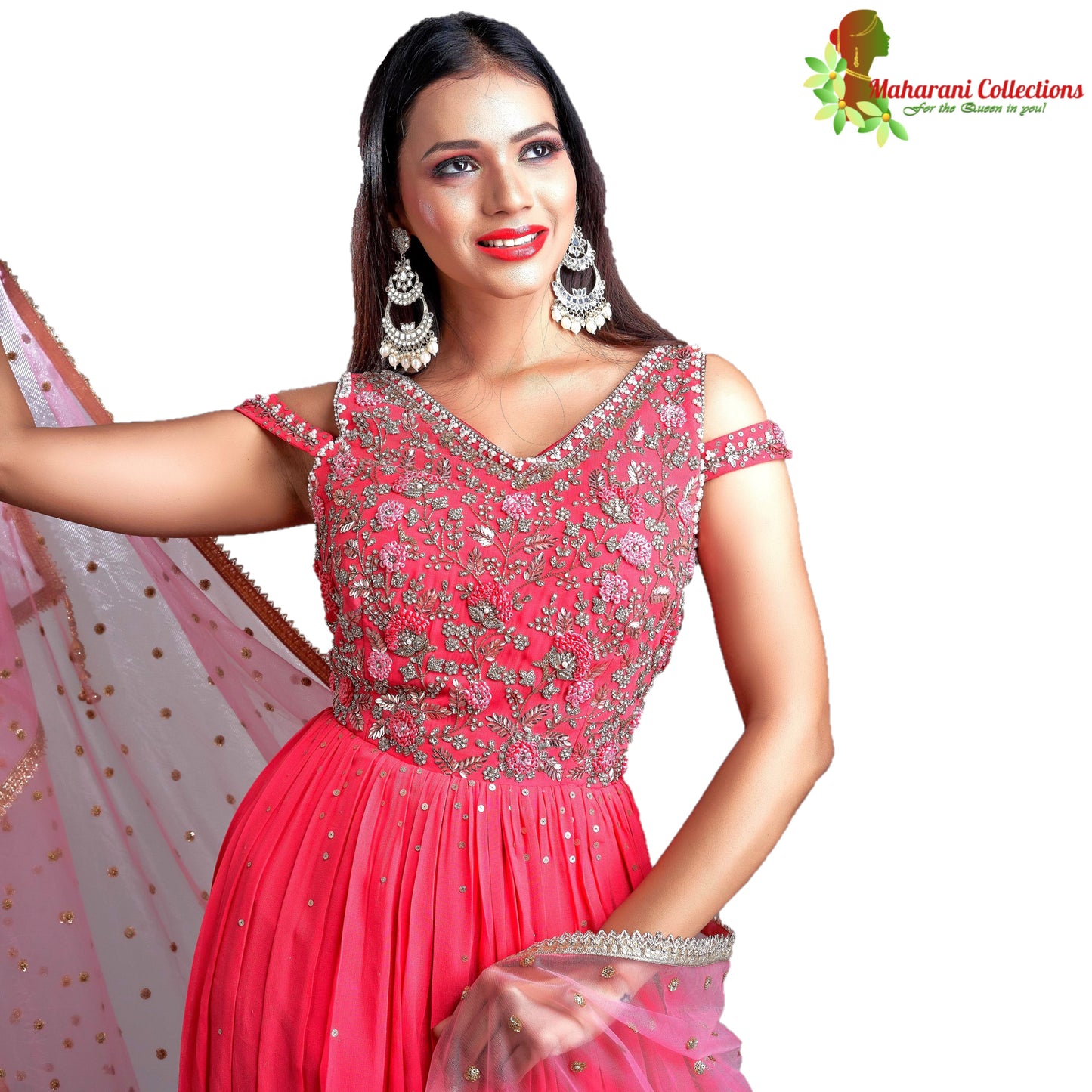 Maharani's Designer Ball (Princess) Gown - Pink/Peach with Zari, Pearl & Sequins Work