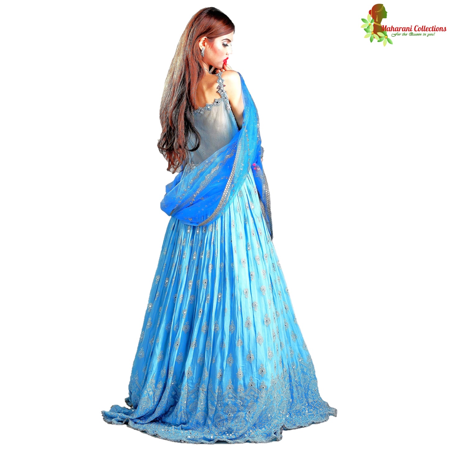 Maharani's Designer Ball (Princess) Gown - Sky Blue with Thread, Mirror & Sequins Work