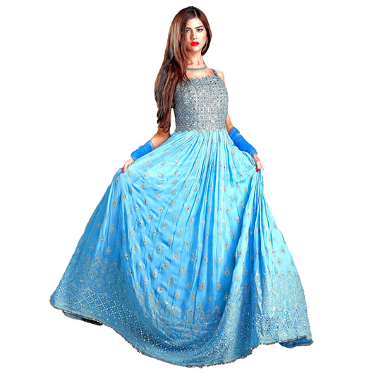 Maharani's Designer Ball (Princess) Gown - Sky Blue with Thread, Mirror & Sequins Work