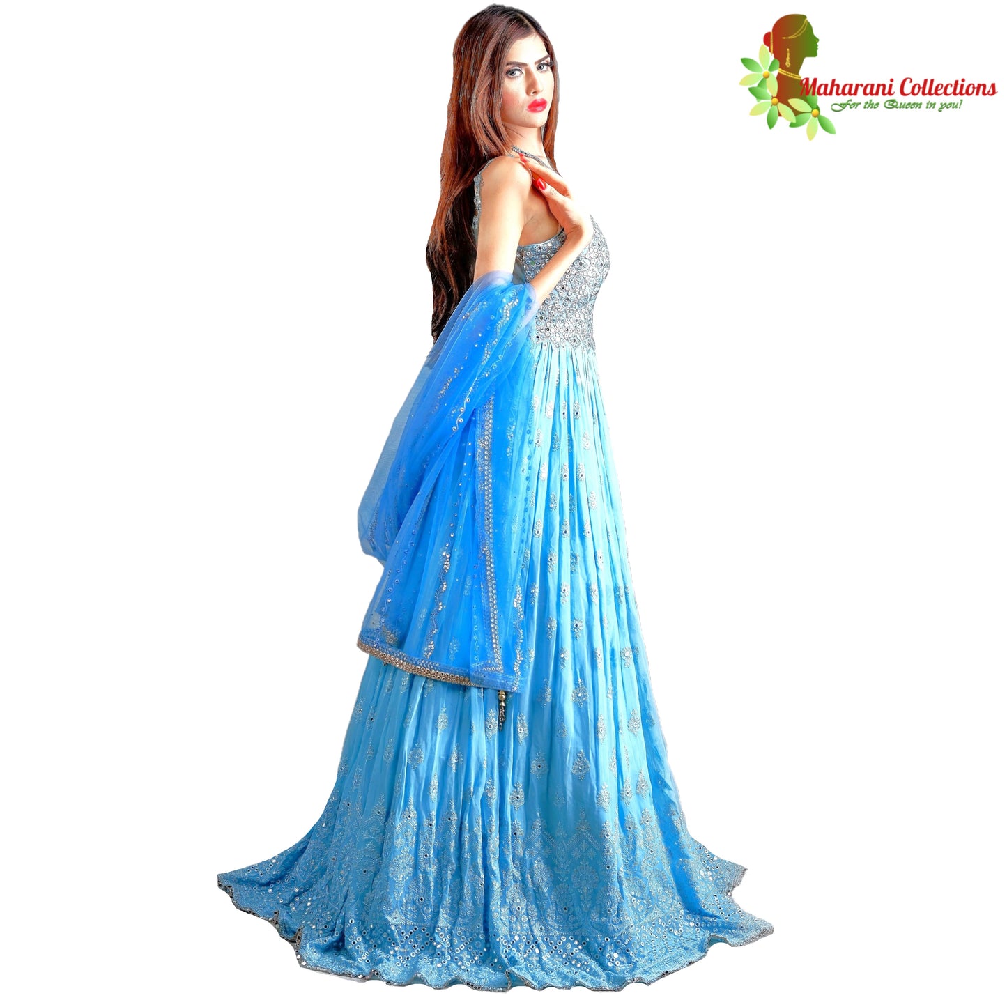 Maharani's Designer Ball (Princess) Gown - Sky Blue with Thread, Mirror & Sequins Work