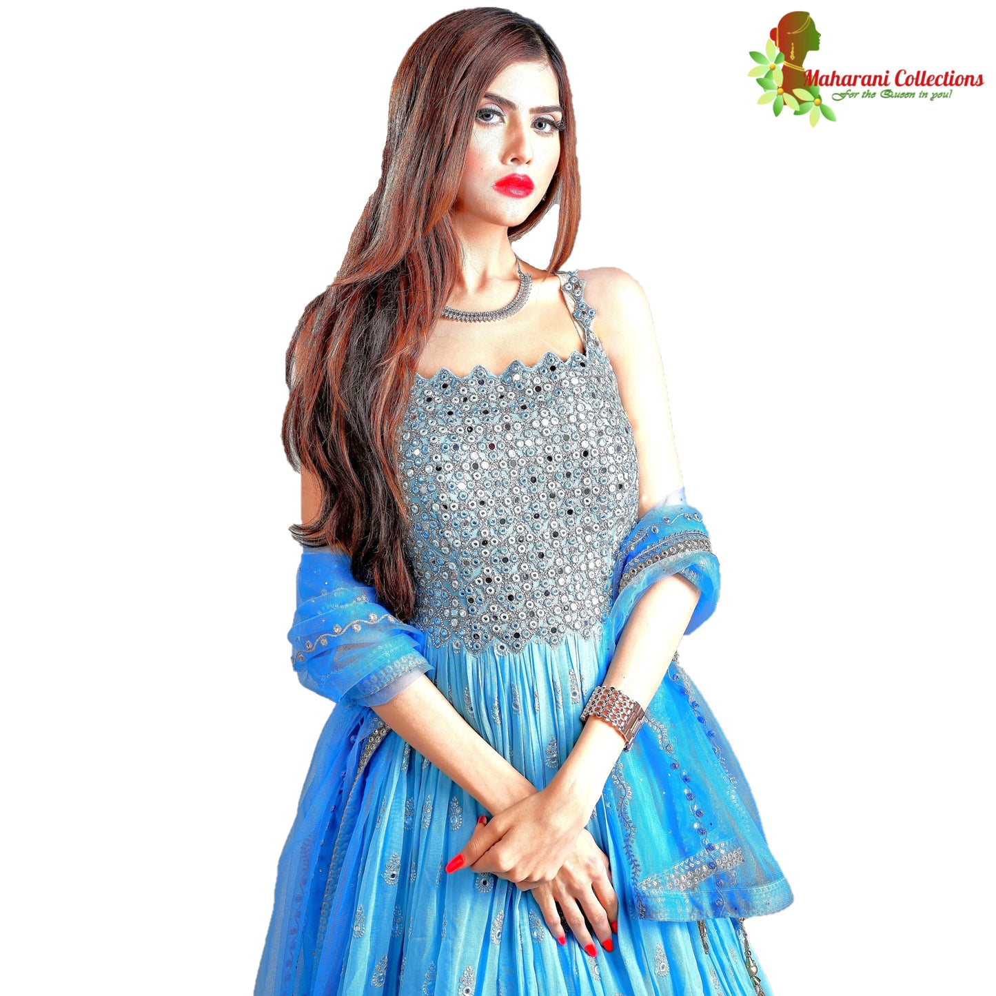 Maharani's Designer Ball (Princess) Gown - Sky Blue with Thread, Mirror & Sequins Work