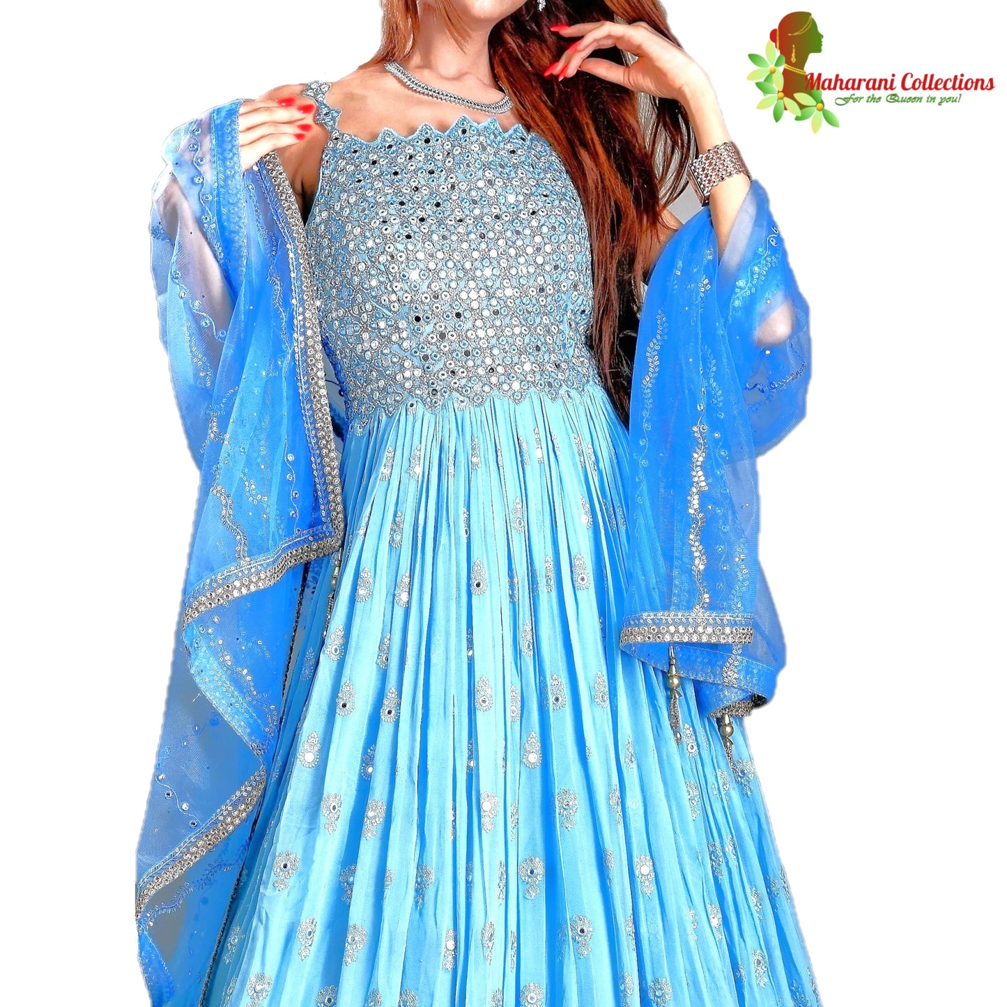 Maharani's Designer Ball (Princess) Gown - Sky Blue with Thread, Mirror & Sequins Work