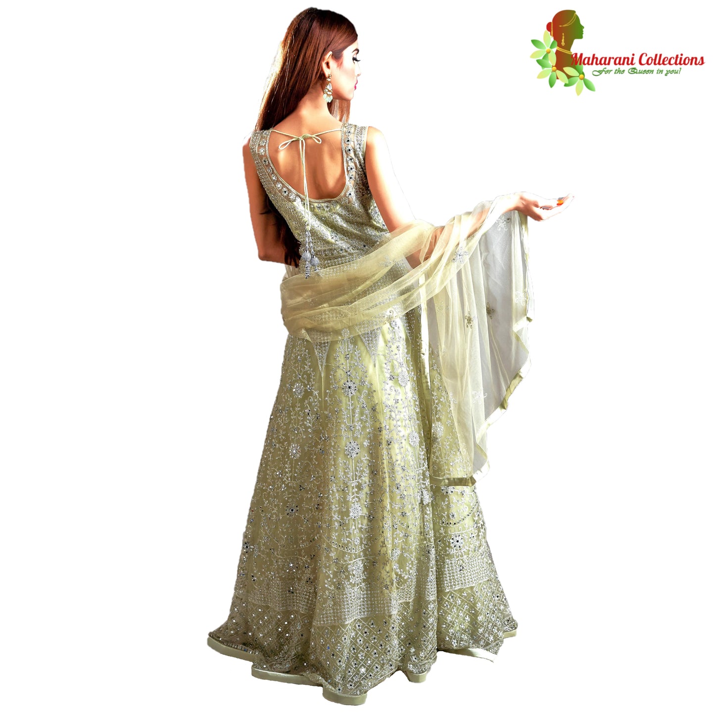 Designer Ball (Princess) Gown - Pistachio Green with Zari, Mirror, Sequins and Net Work