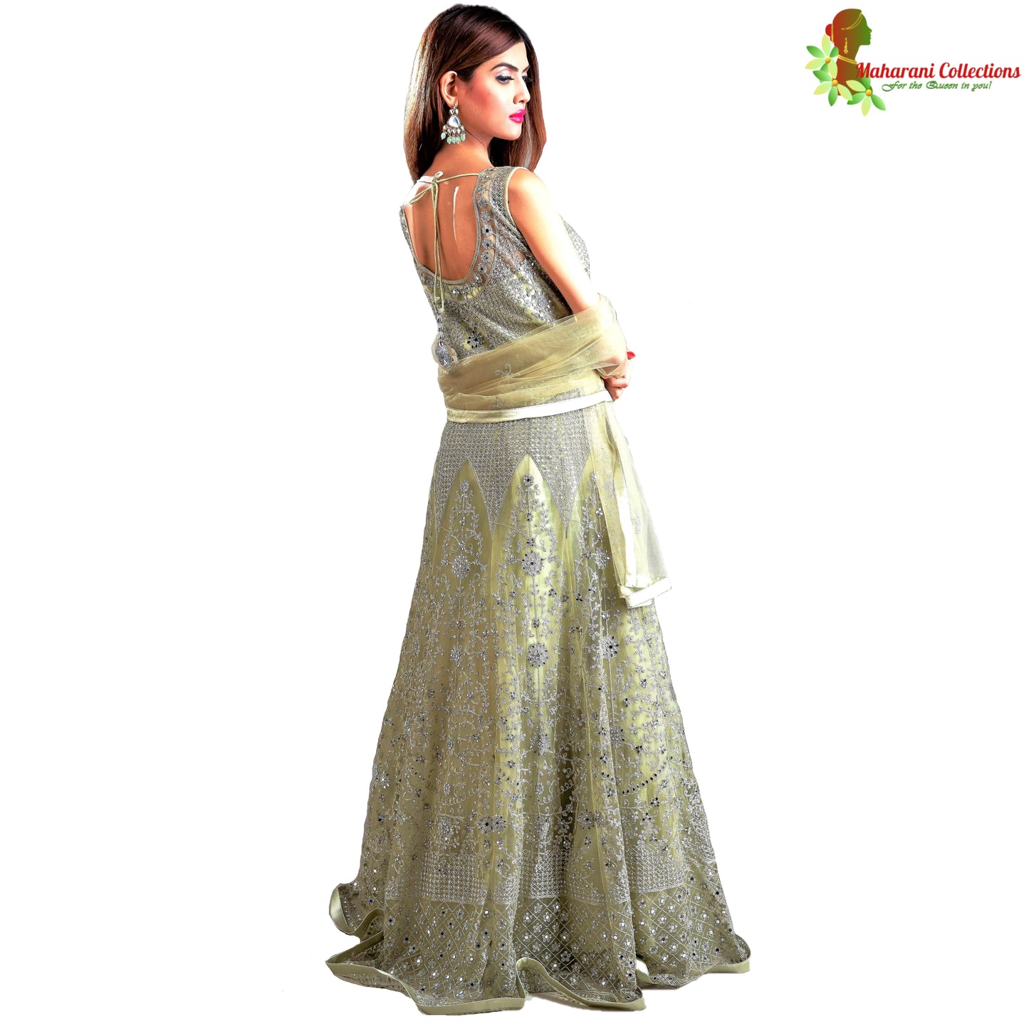 Designer Ball (Princess) Gown - Pistachio Green with Zari, Mirror, Sequins and Net Work