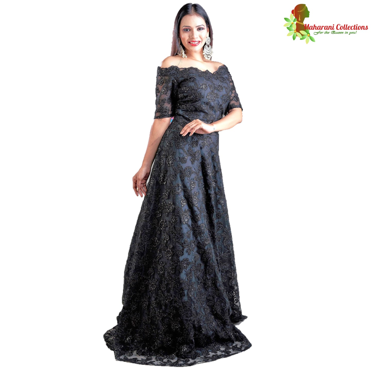 Designer Ball (Princess) Gown - Black with Zari, Sequins, Thread and Net Work