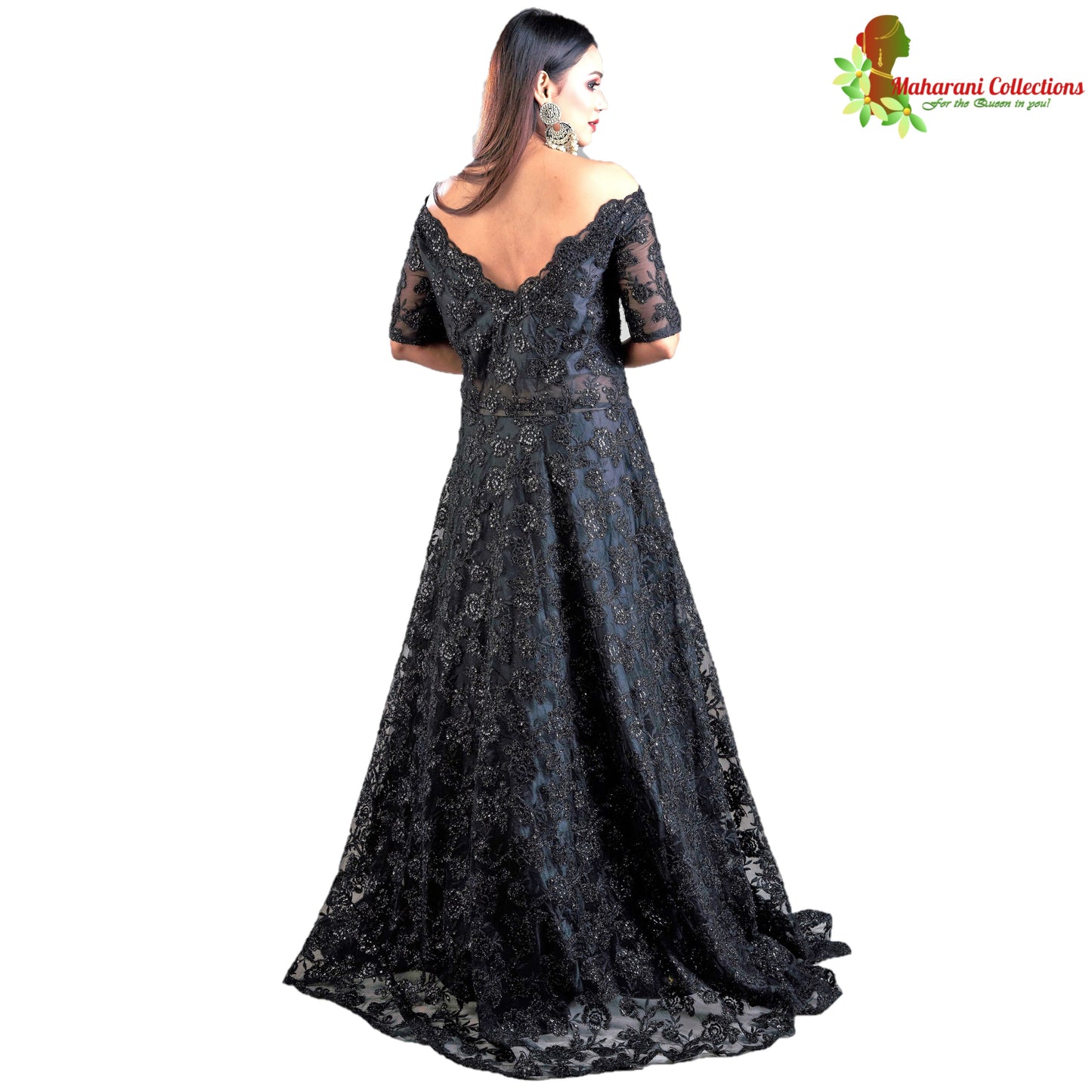 Designer Ball (Princess) Gown - Black with Zari, Sequins, Thread and Net Work