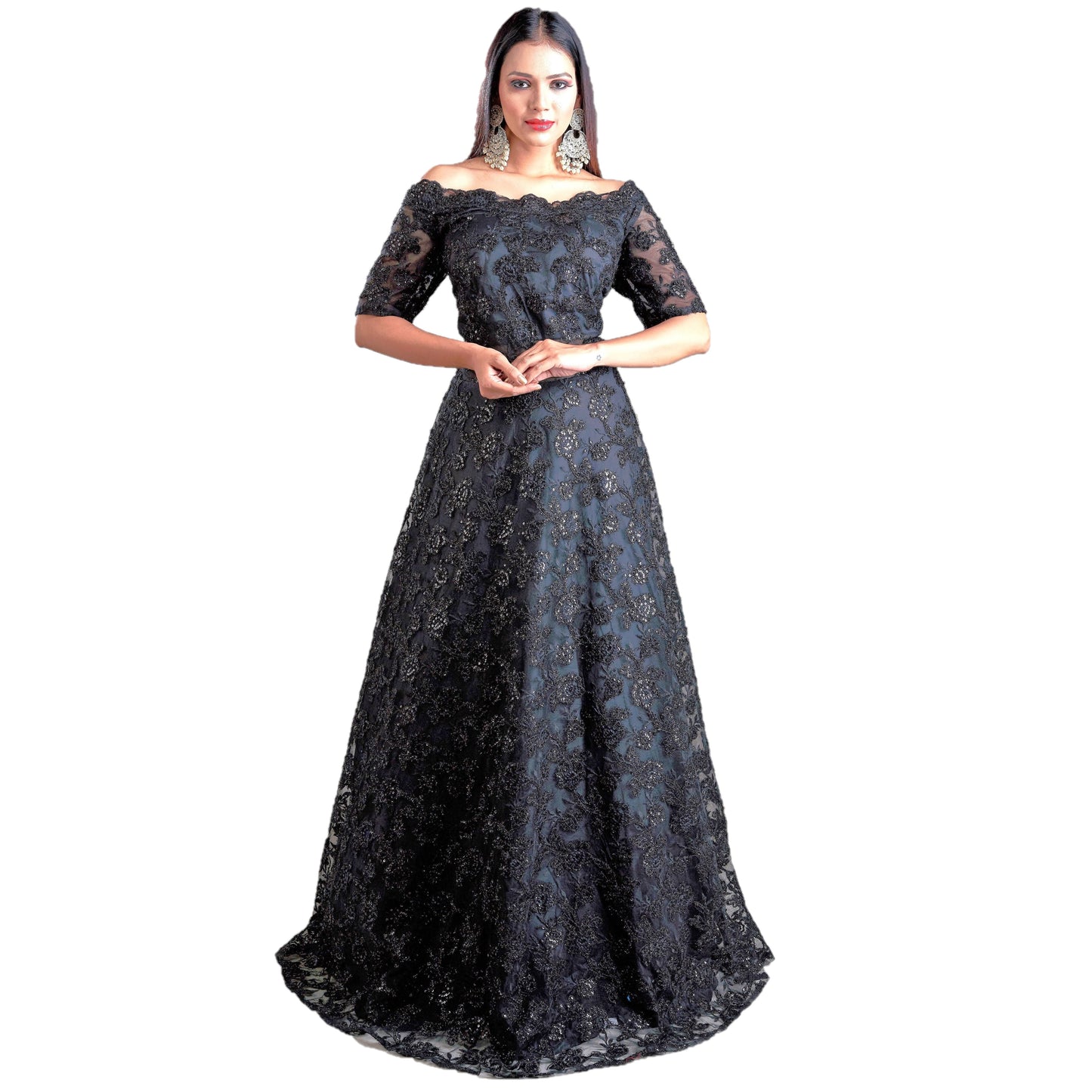 Designer Ball (Princess) Gown - Black with Zari, Sequins, Thread and Net Work