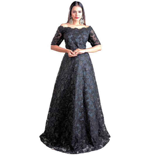 Designer Ball (Princess) Gown - Black with Zari, Sequins, Thread and Net Work