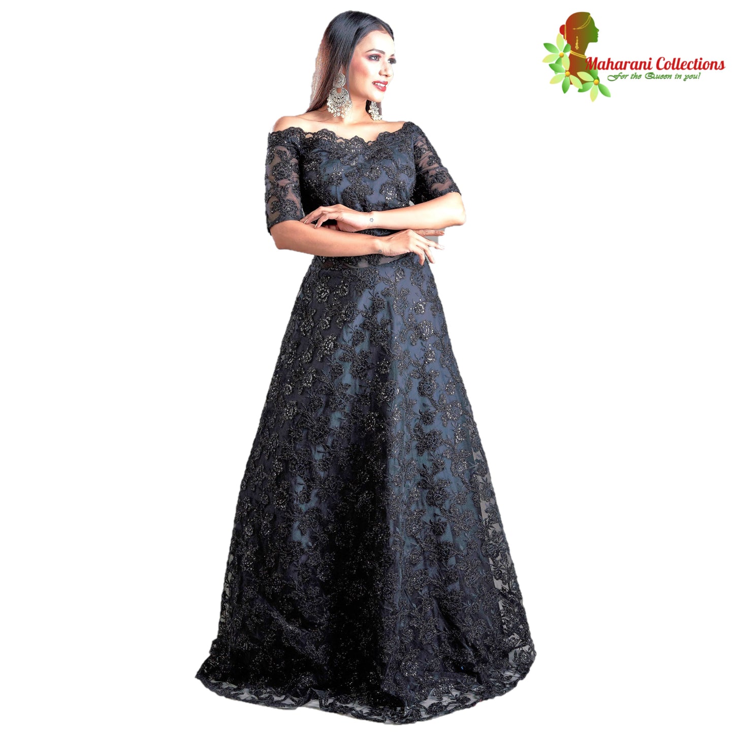 Designer Ball (Princess) Gown - Black with Zari, Sequins, Thread and Net Work