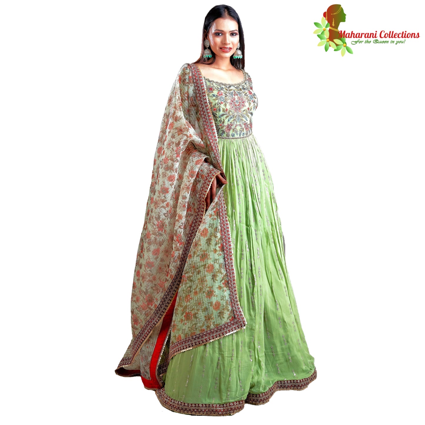 Designer Ball (Princess) Gown - Light Green with Zari, Sequins and Zardoji Work