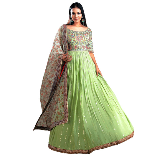 Designer Ball (Princess) Gown - Light Green with Zari, Sequins and Zardoji Work