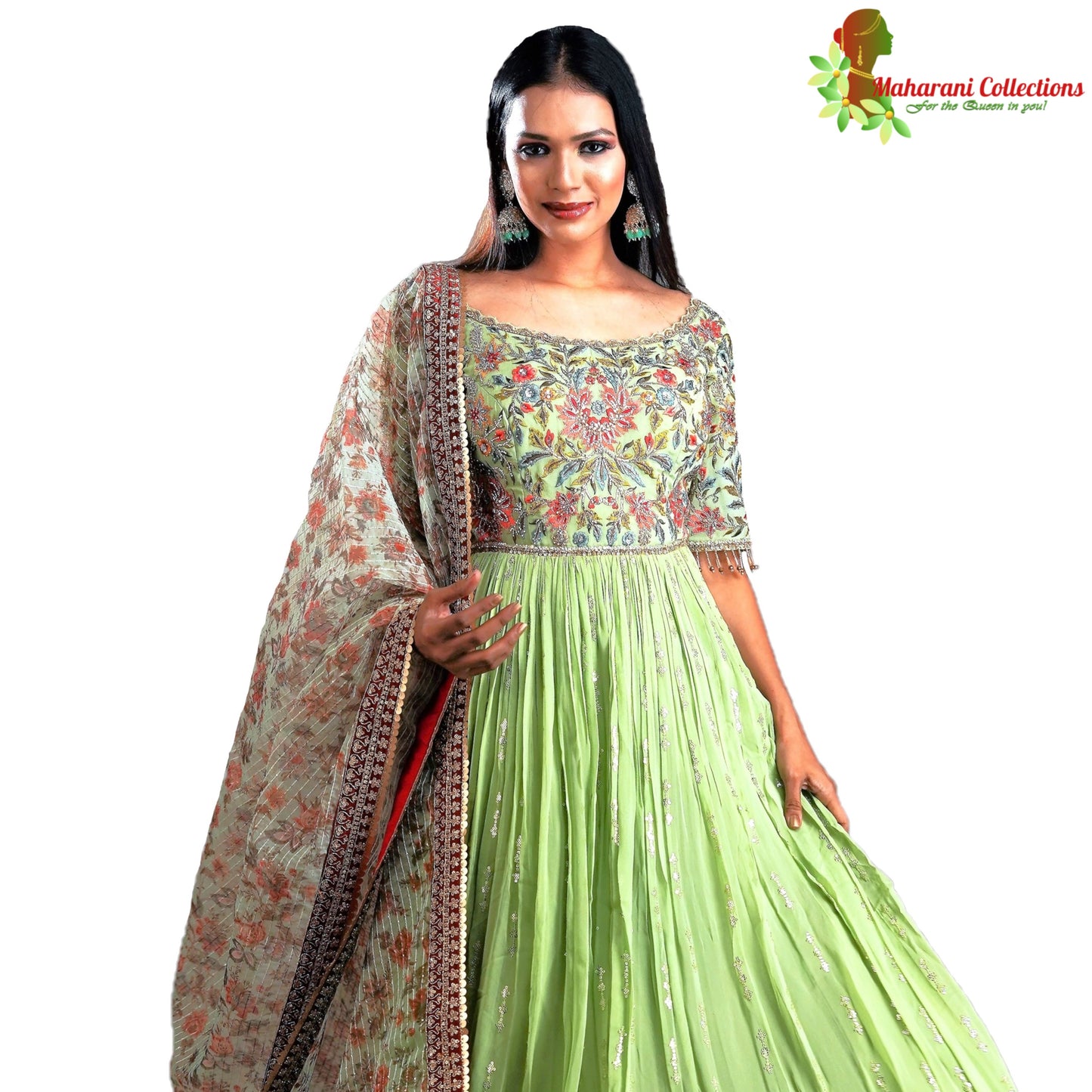 Designer Ball (Princess) Gown - Light Green with Zari, Sequins and Zardoji Work