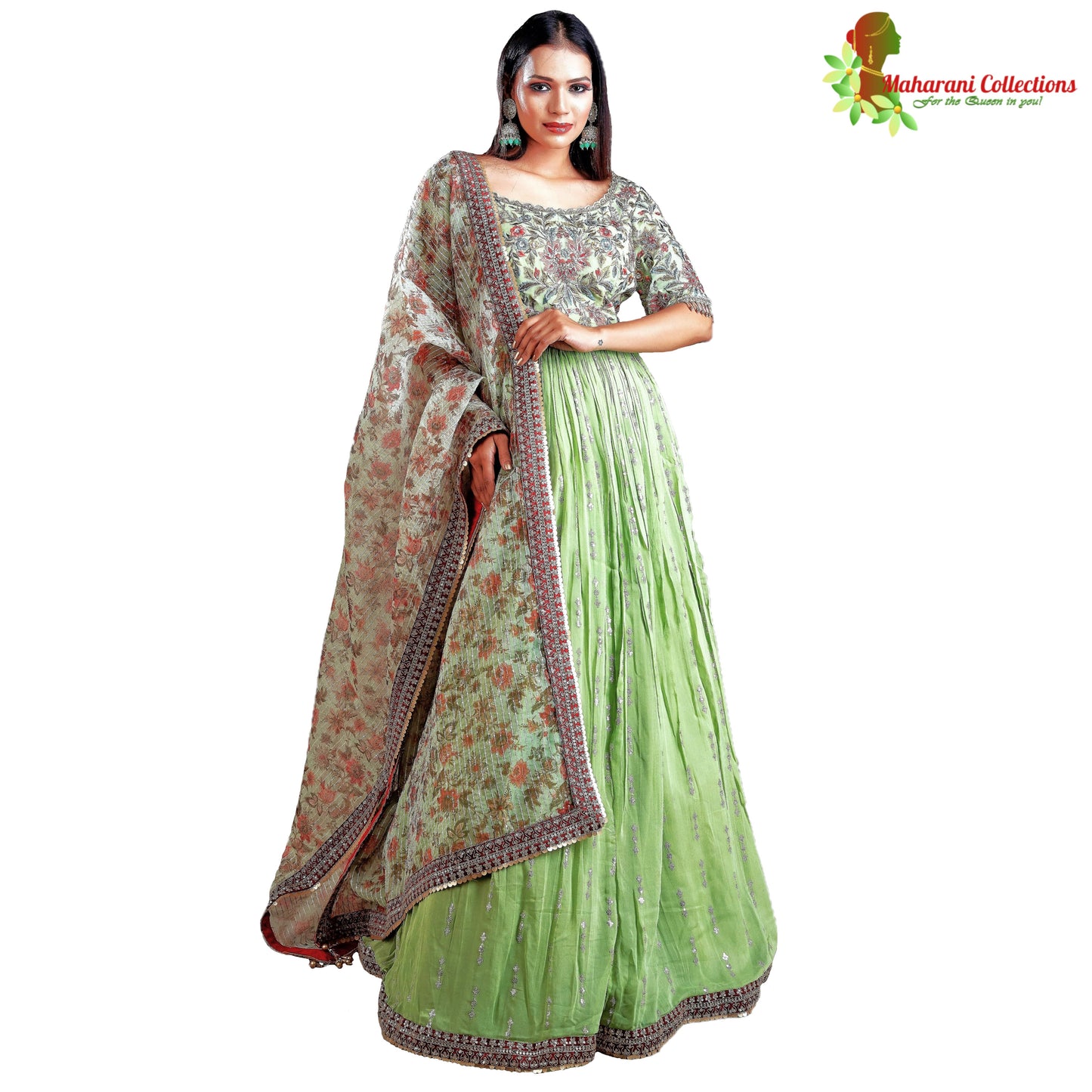 Designer Ball (Princess) Gown - Light Green with Zari, Sequins and Zardoji Work