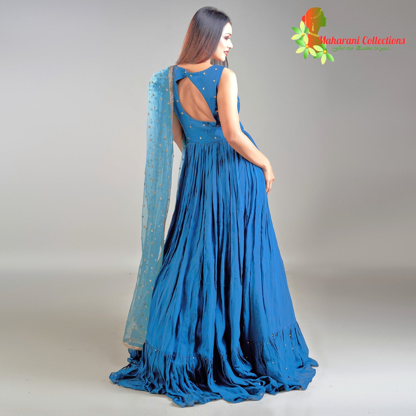 Maharani's Designer Ball (Princess) Gown - Peacock Blue with Heavy Golden Sequins and Zari Work