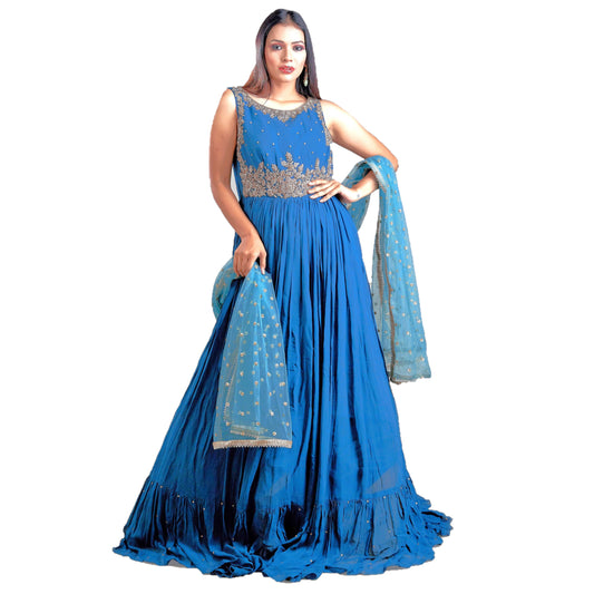 Maharani's Designer Ball (Princess) Gown - Peacock Blue with Heavy Golden Sequins and Zari Work