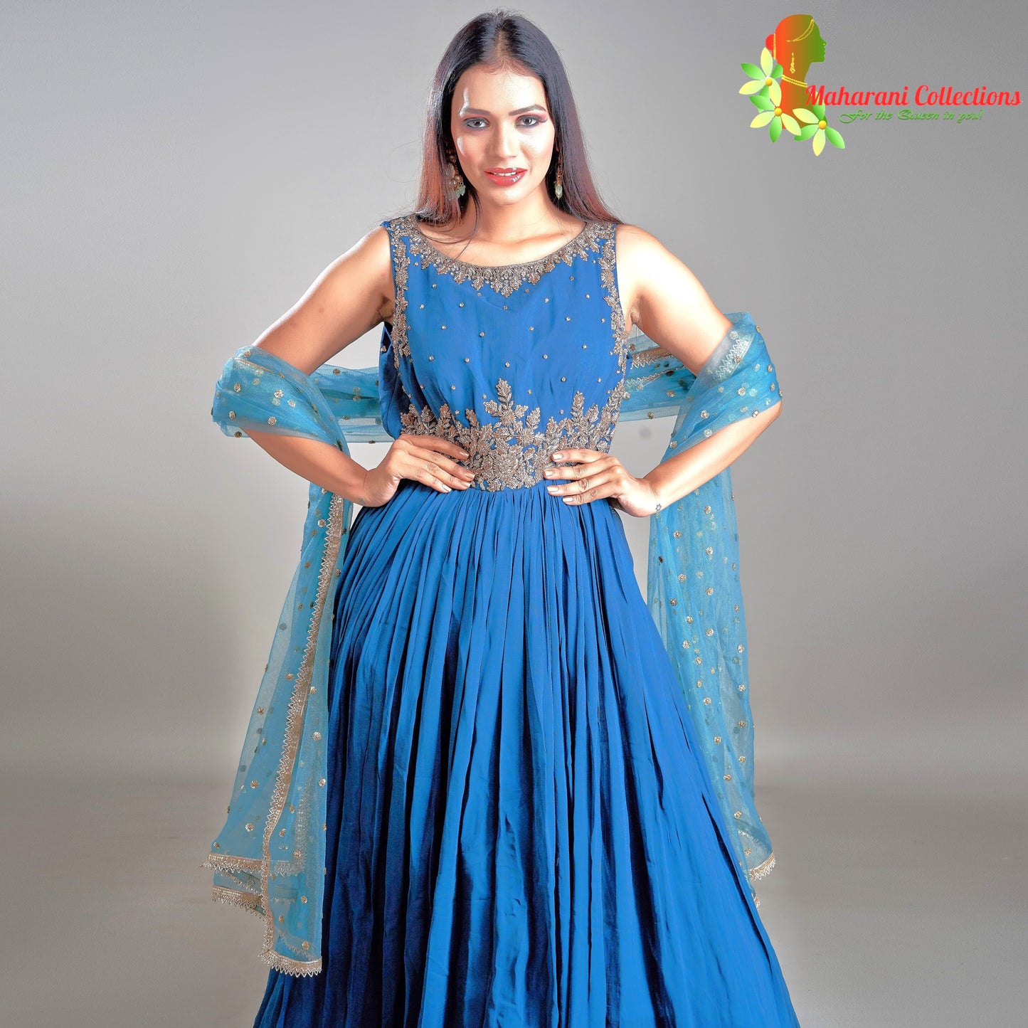 Maharani's Designer Ball (Princess) Gown - Peacock Blue with Heavy Golden Sequins and Zari Work