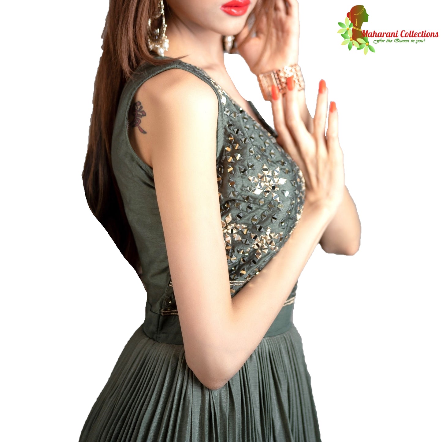 Designer Gala Gown - Olive Green with Mirror Work
