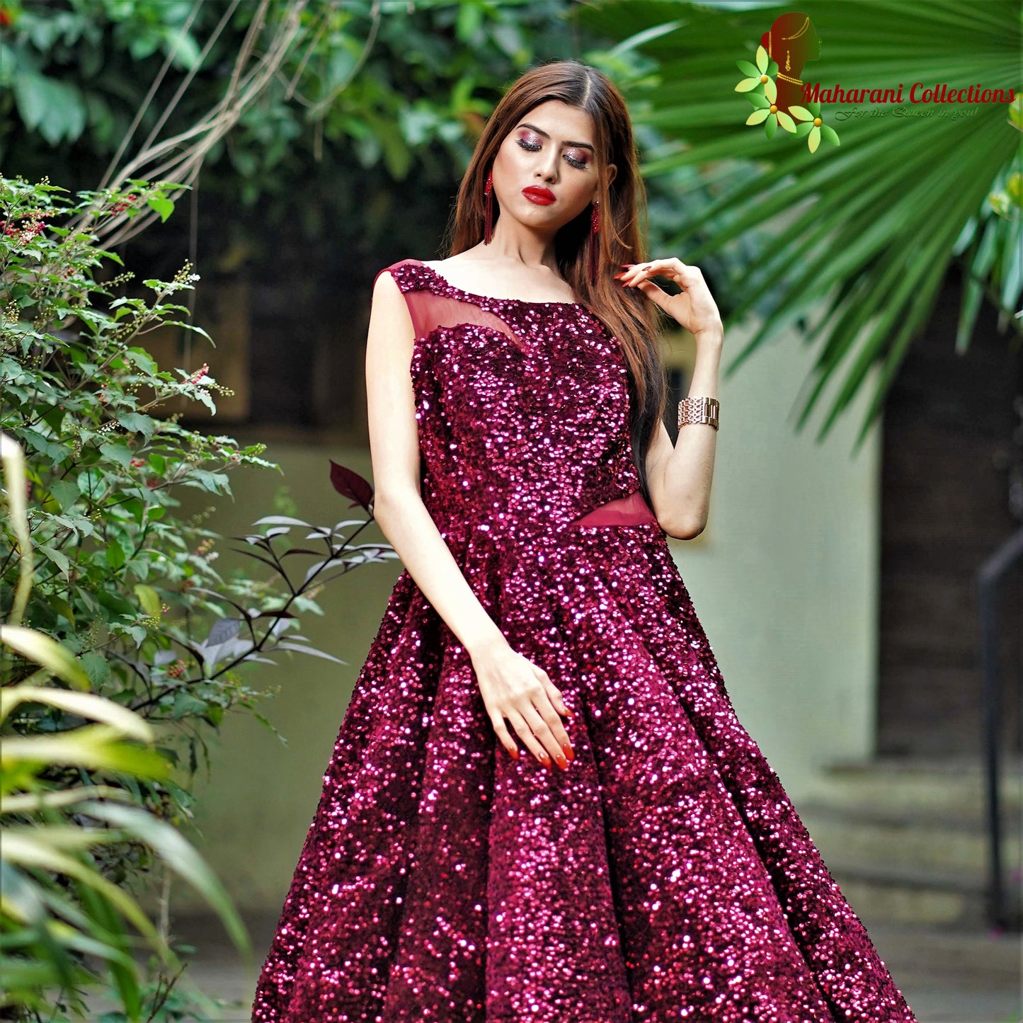 Maharani's Designer Ball (Princess) Gown - Dark Maroon with Glittering Sequins & Thread Work