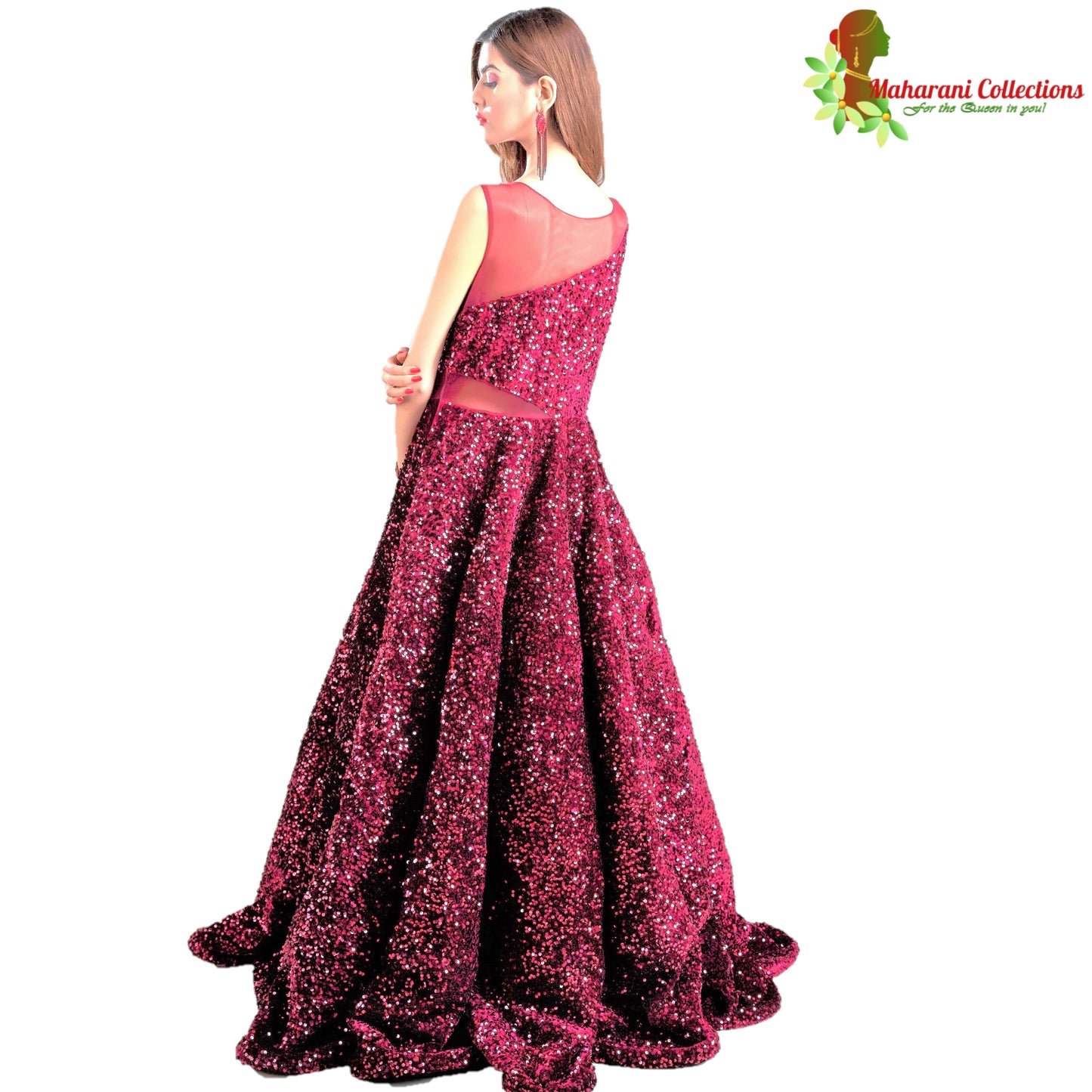 Maharani's Designer Ball (Princess) Gown - Dark Maroon with Glittering Sequins & Thread Work