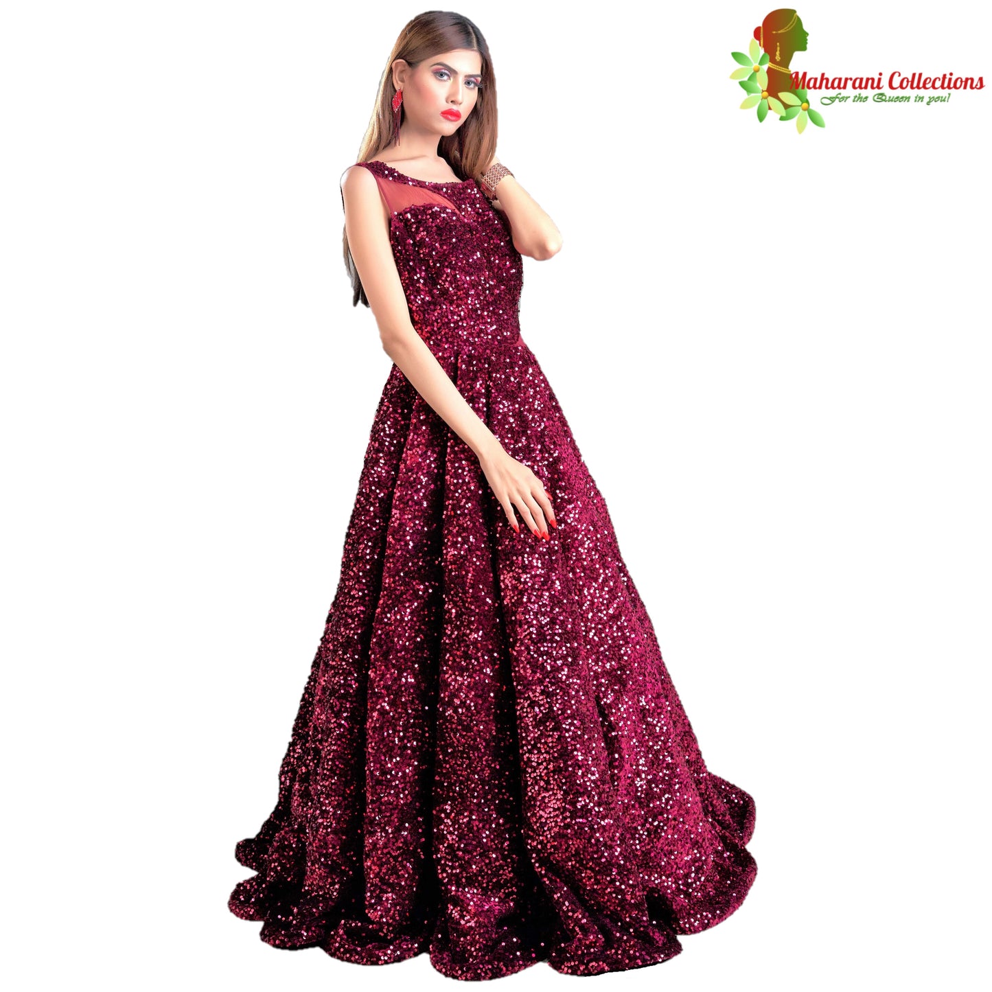 Maharani's Designer Ball (Princess) Gown - Dark Maroon with Glittering Sequins & Thread Work