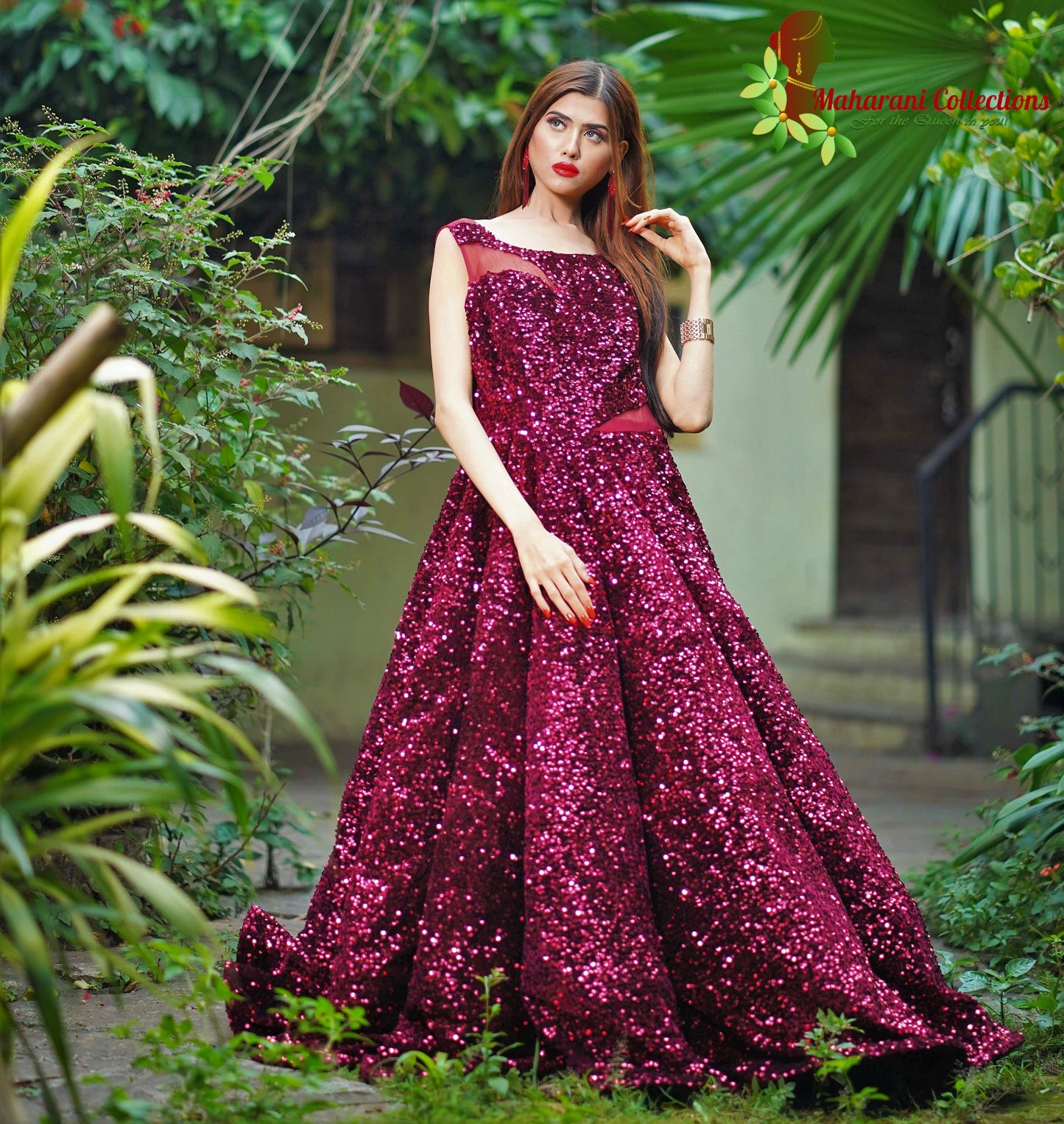 Maharani's Designer Ball (Princess) Gown - Dark Maroon with Glittering Sequins & Thread Work