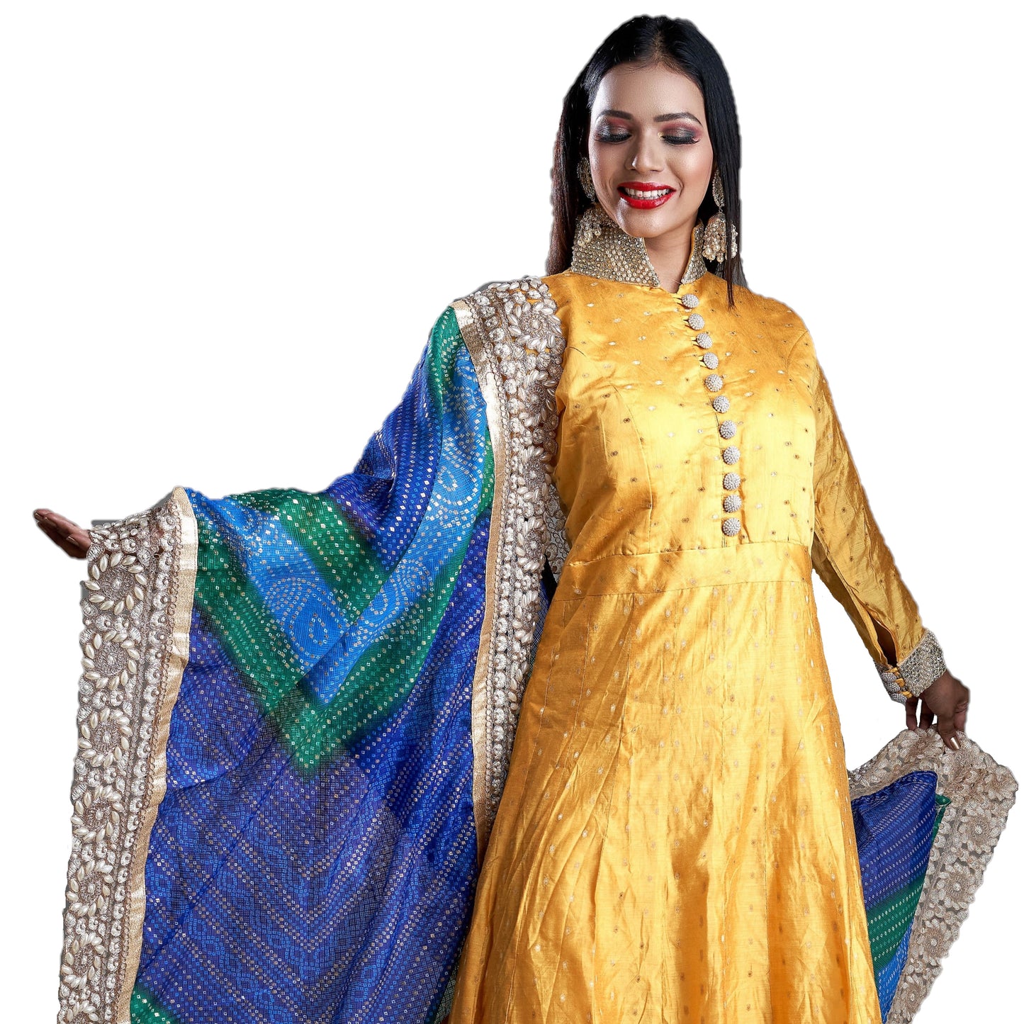 Designer Gala Gown - Yellow with Pearl, Stone and Golden Zari Work