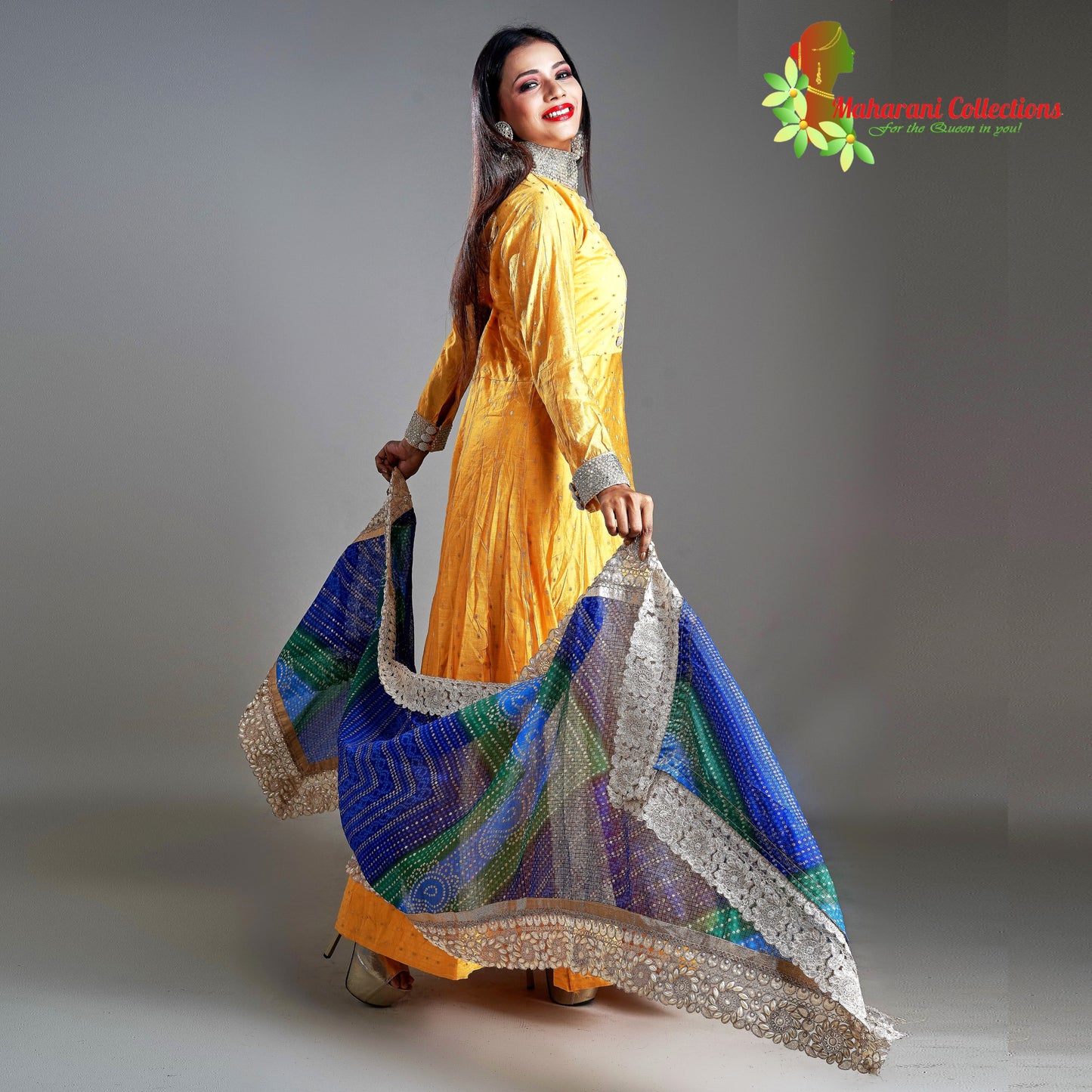 Designer Gala Gown - Yellow with Pearl, Stone and Golden Zari Work