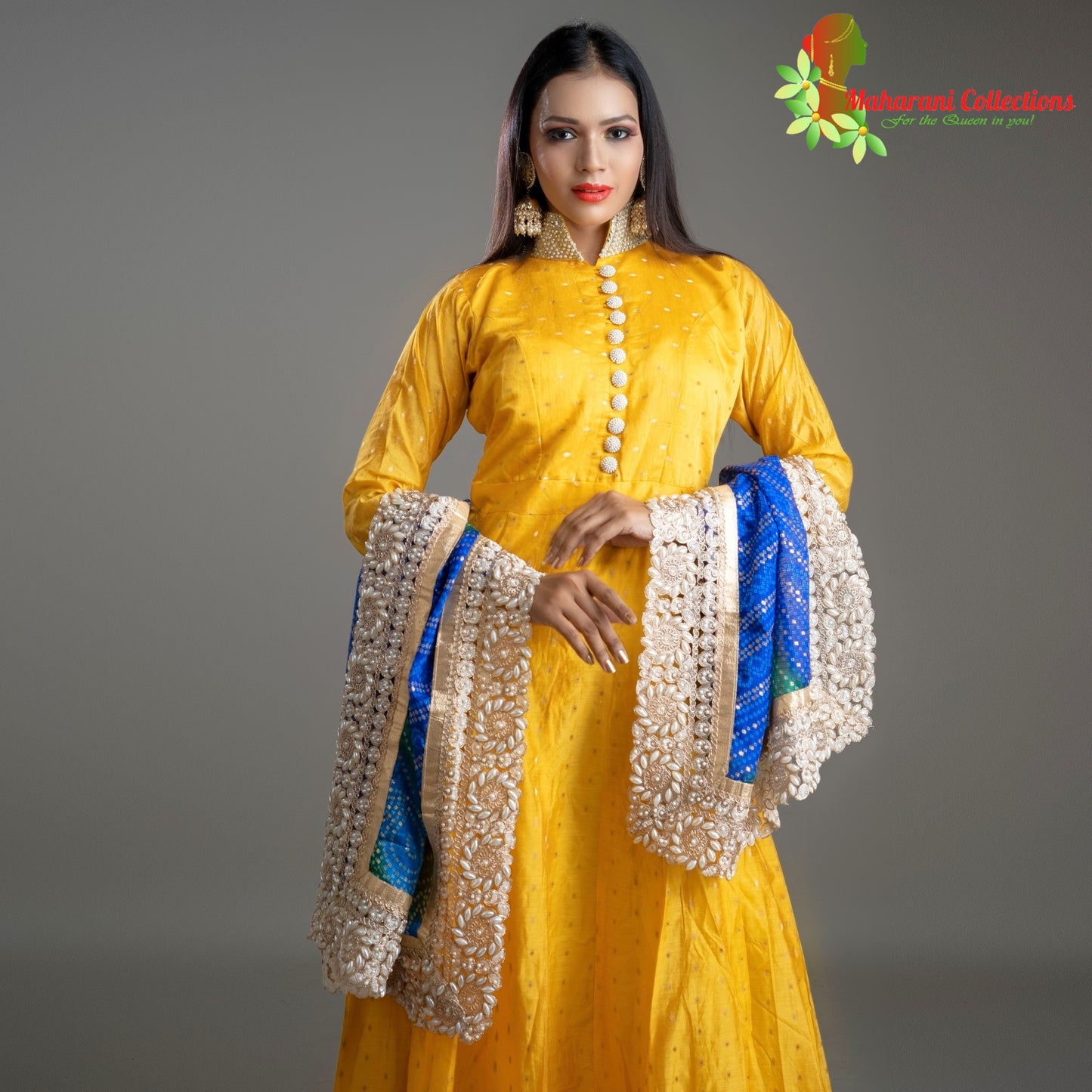 Designer Gala Gown - Yellow with Pearl, Stone and Golden Zari Work