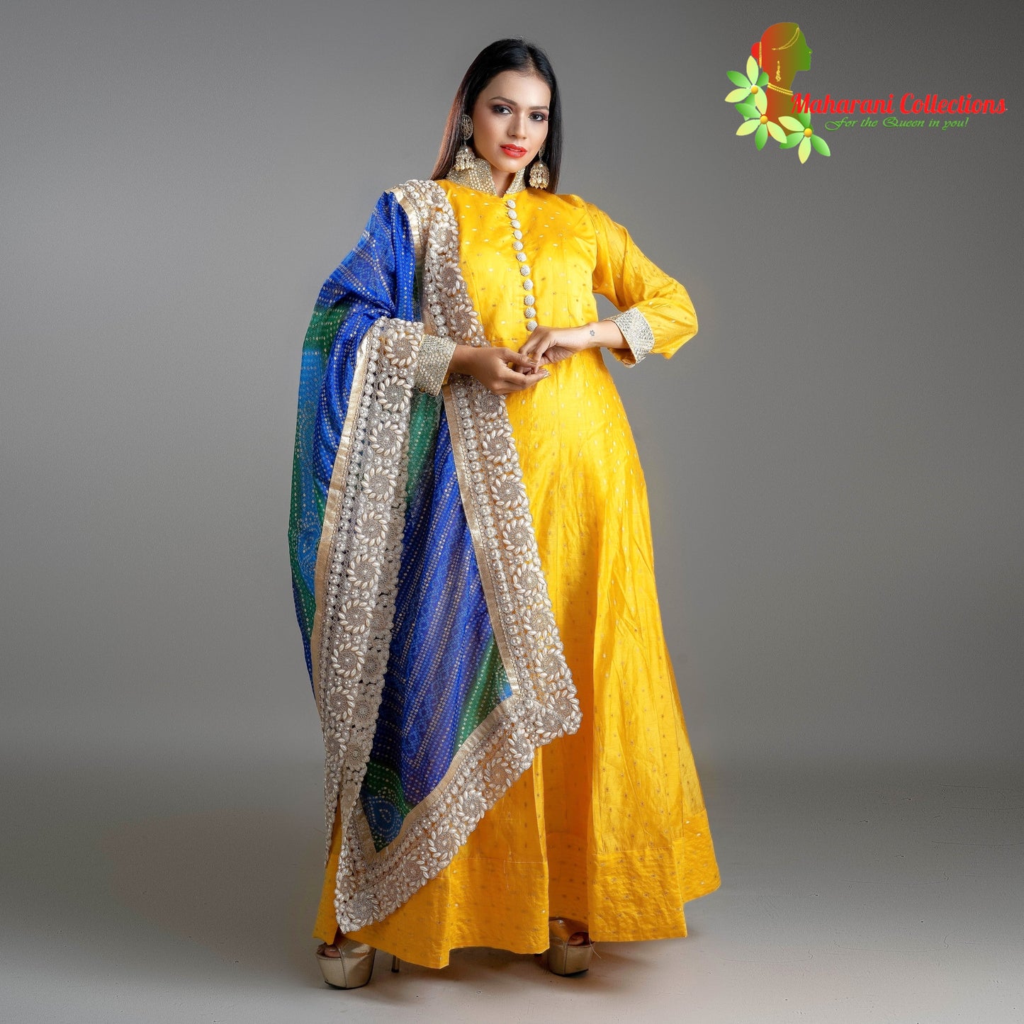 Designer Gala Gown - Yellow with Pearl, Stone and Golden Zari Work