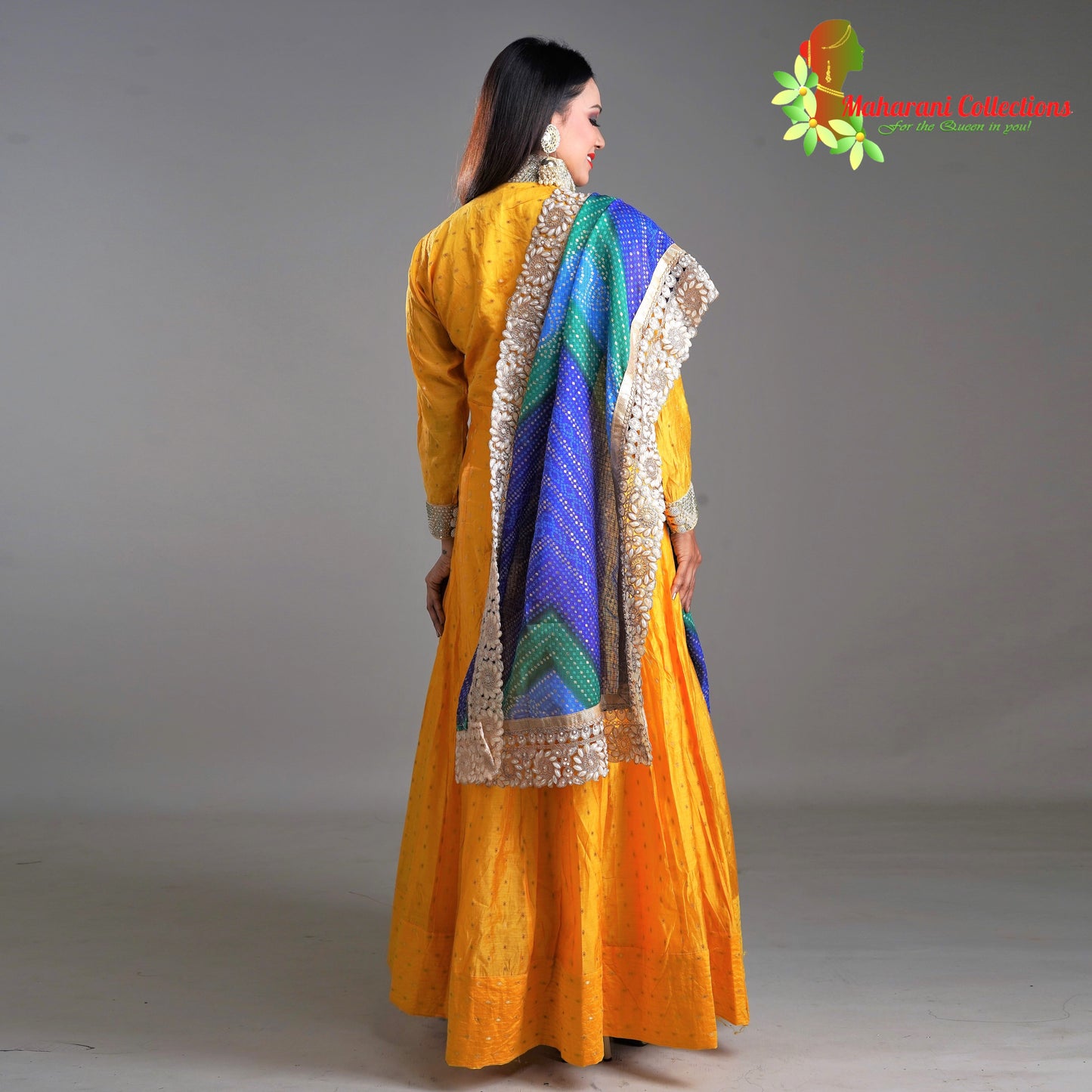 Designer Gala Gown - Yellow with Pearl, Stone and Golden Zari Work
