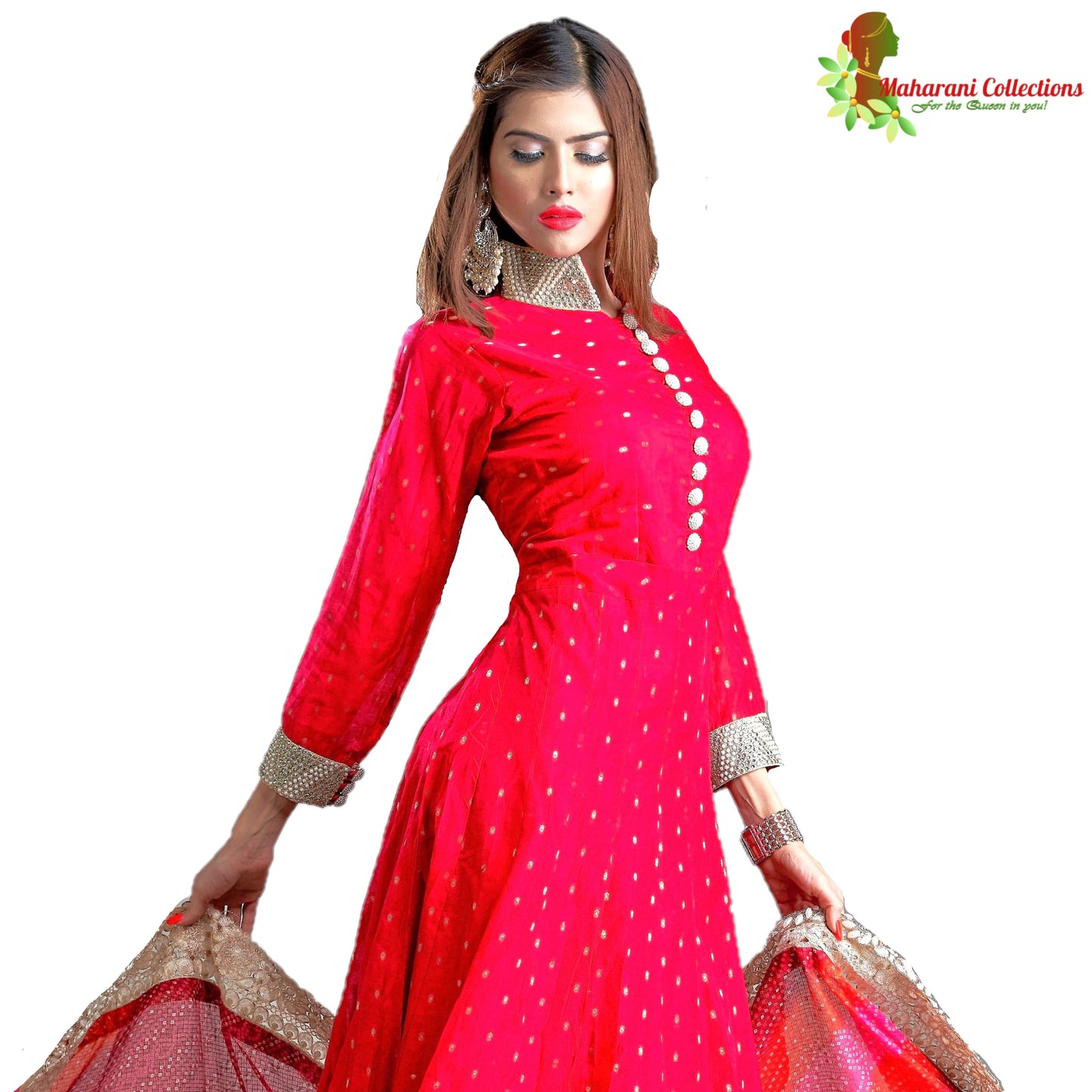 Maharani's Designer Gala Gown - Maroon with Pearl, Stone and Golden Zari Work