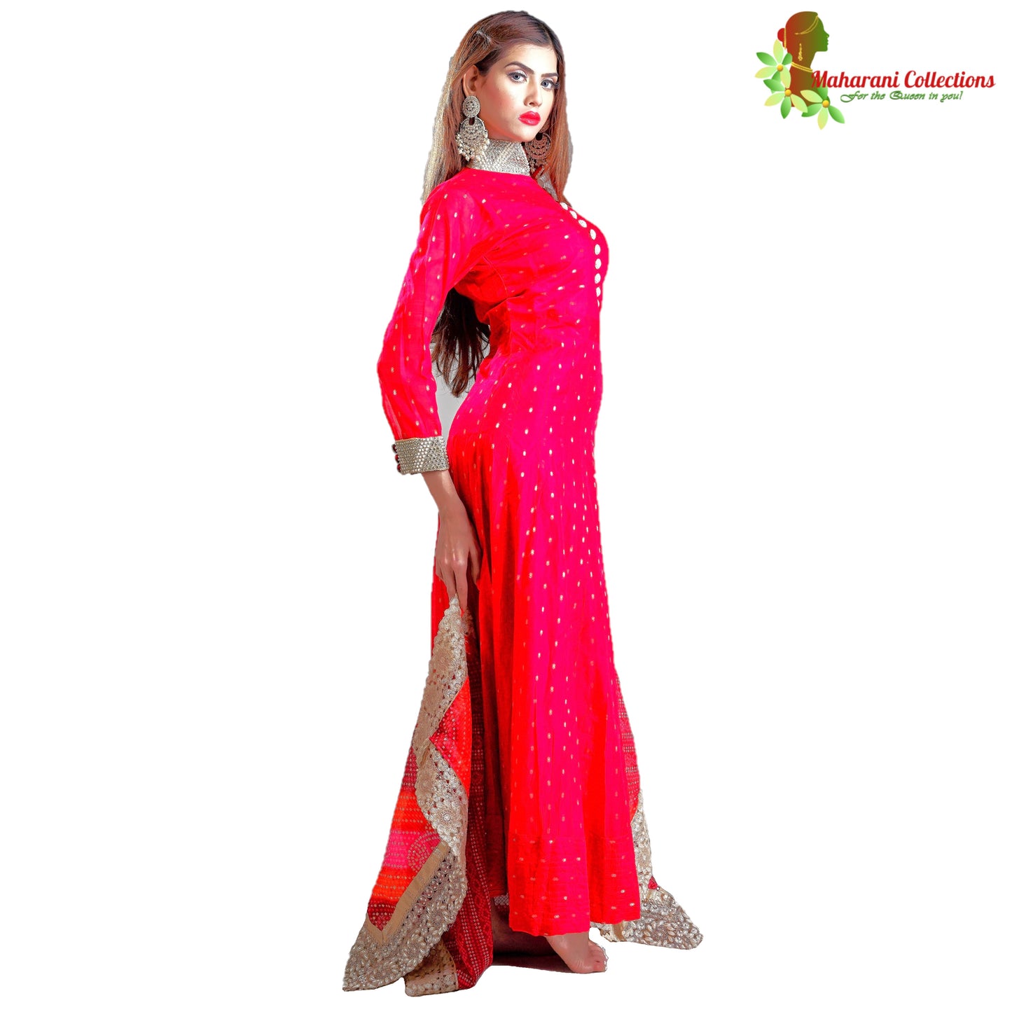 Maharani's Designer Gala Gown - Maroon with Pearl, Stone and Golden Zari Work
