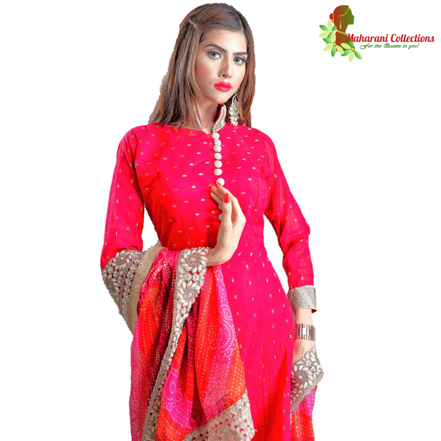 Maharani's Designer Gala Gown - Maroon with Pearl, Stone and Golden Zari Work