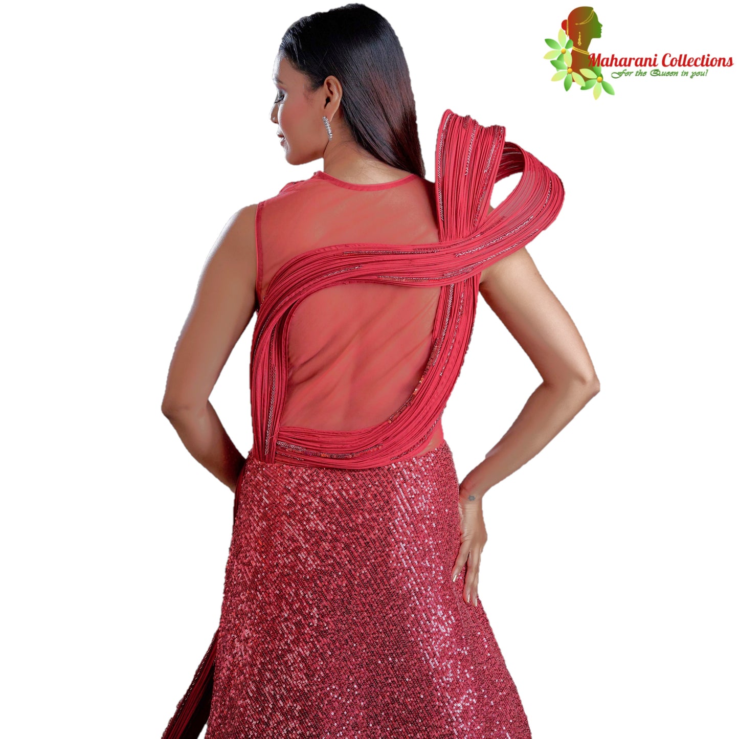 Maharani's Designer Ball (Princess) Gown - Wine color with Glittering Heavy Sequins Work