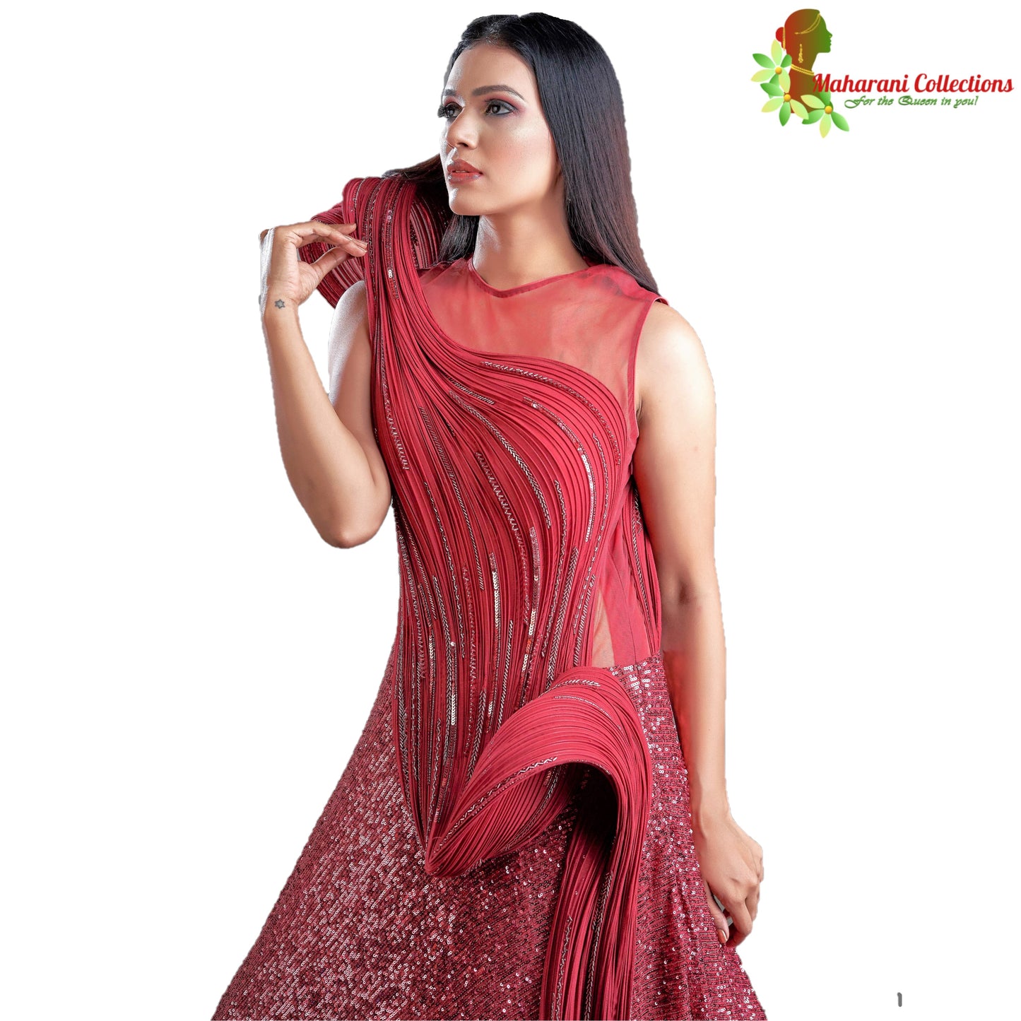 Maharani's Designer Ball (Princess) Gown - Wine color with Glittering Heavy Sequins Work